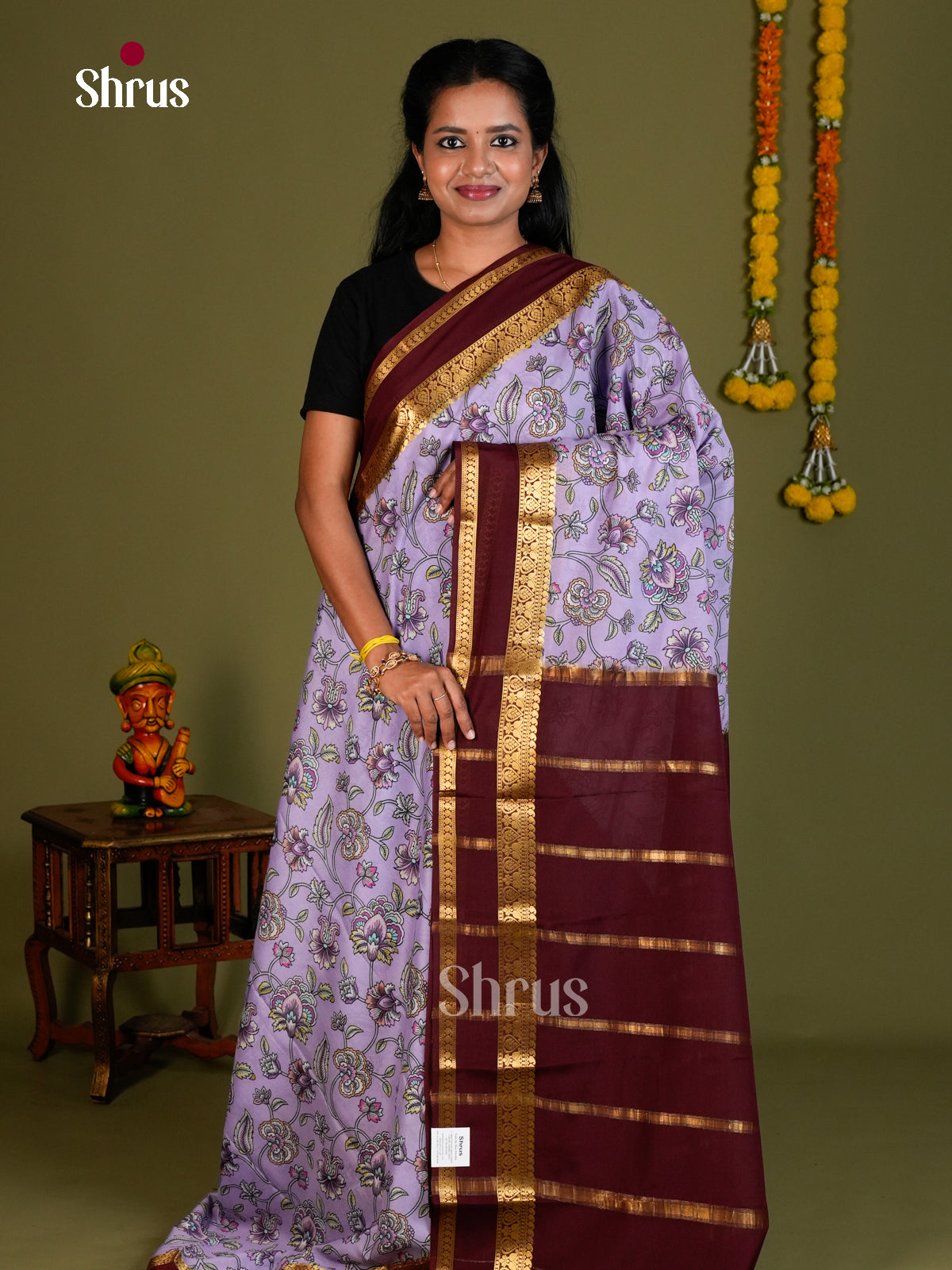 Buy Pretty Lavender Mysore Silk Saree with Kalamkari Floral Vines & Maroon Rettaipet Zari Border