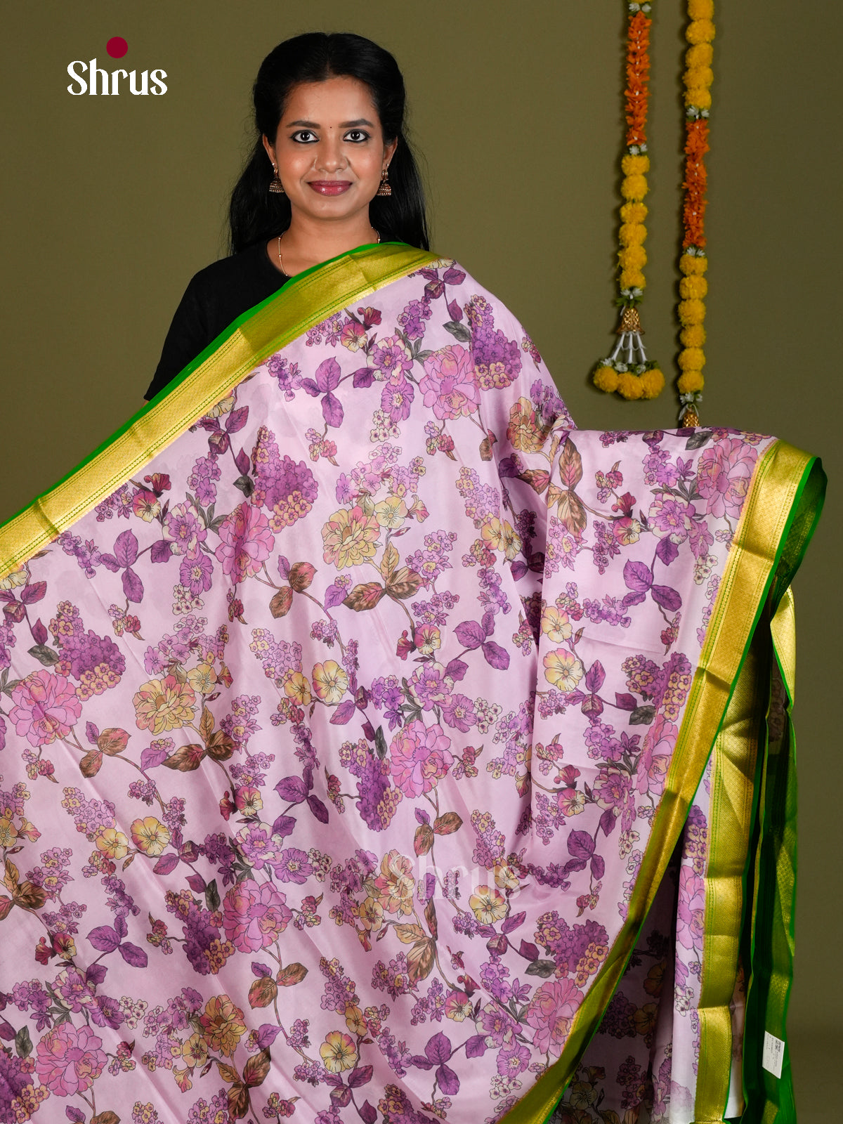 Buy Classic Lavender Mysore Silk Sarees with Floral Patterns, Green Kaddi Zari Border & Chit Pallu