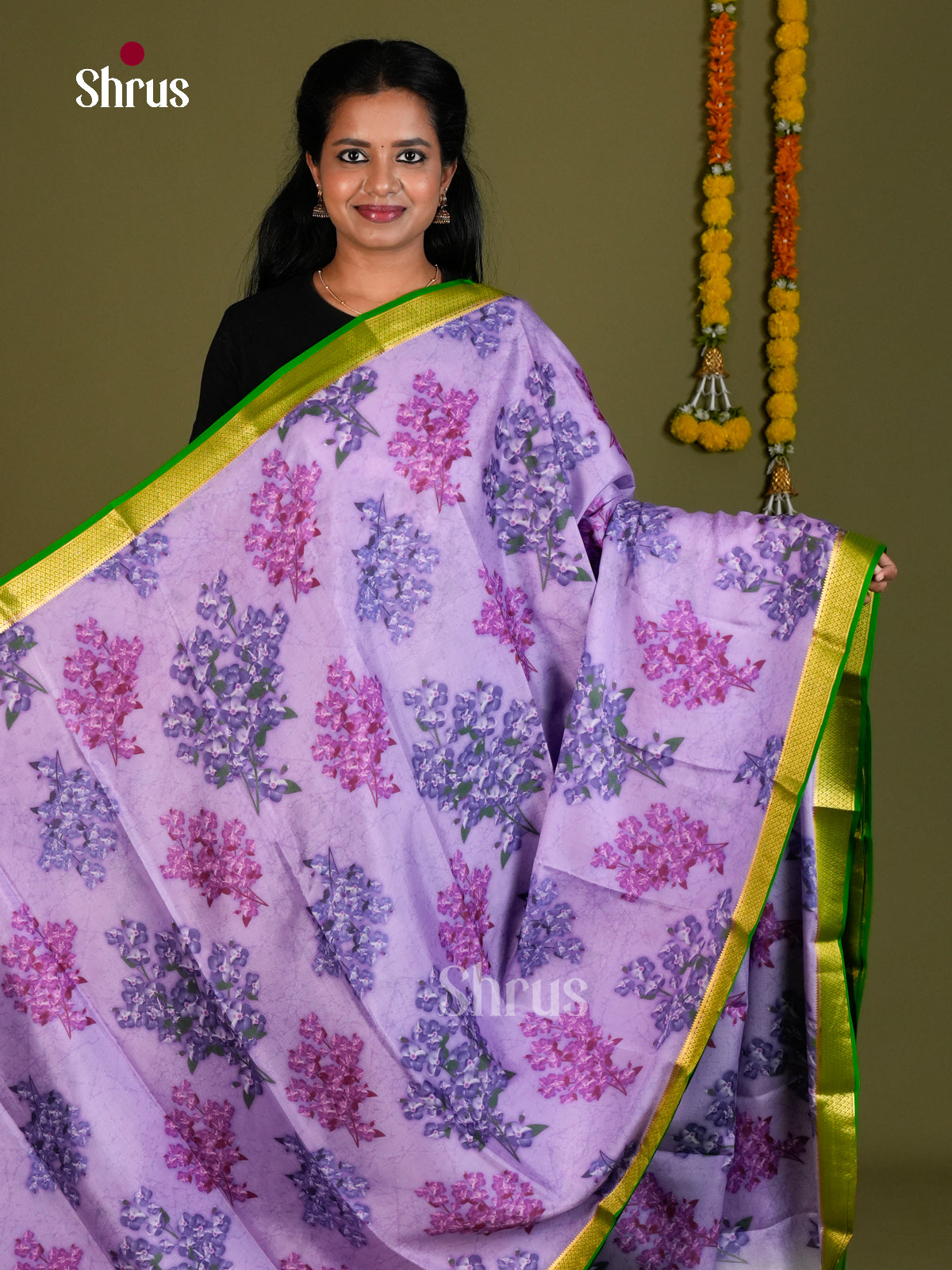 Buy Lustrous Lavender Mysore Silk Sarees with Floral Print, Kaddi Zari Border & Green Pallu