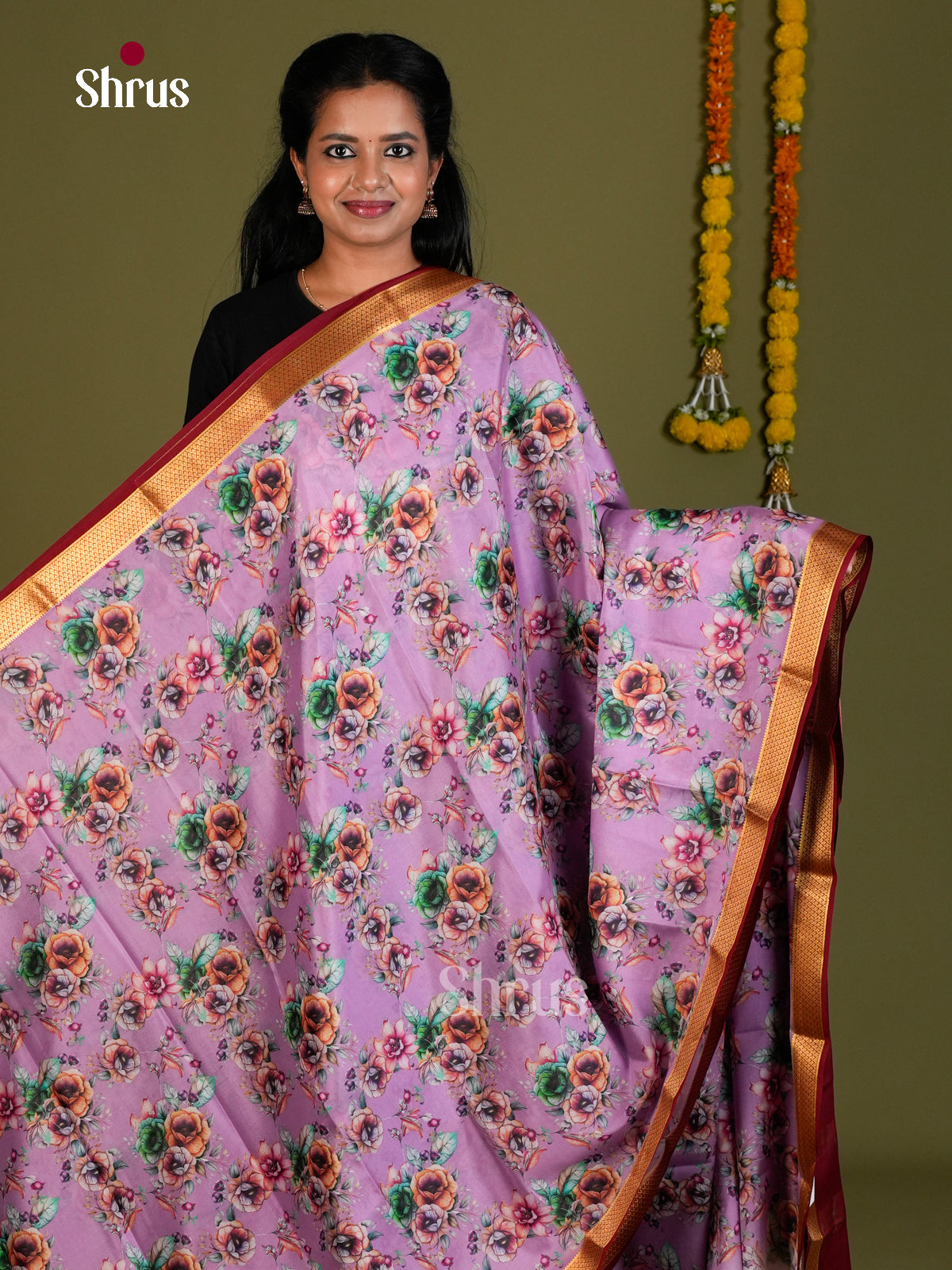 Buy Breezy Lavender Mysore Silk Sarees with Floral Print, Kaddi Zari Border & Maroon Pallu