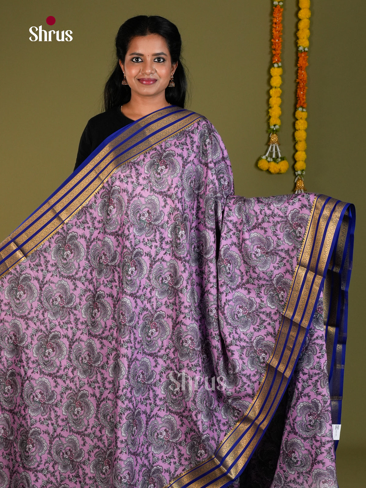 Buy Opulent Lavender Mysore Silk Sarees with Kalamkari Style Floral Print & Blue Zari Striped Border