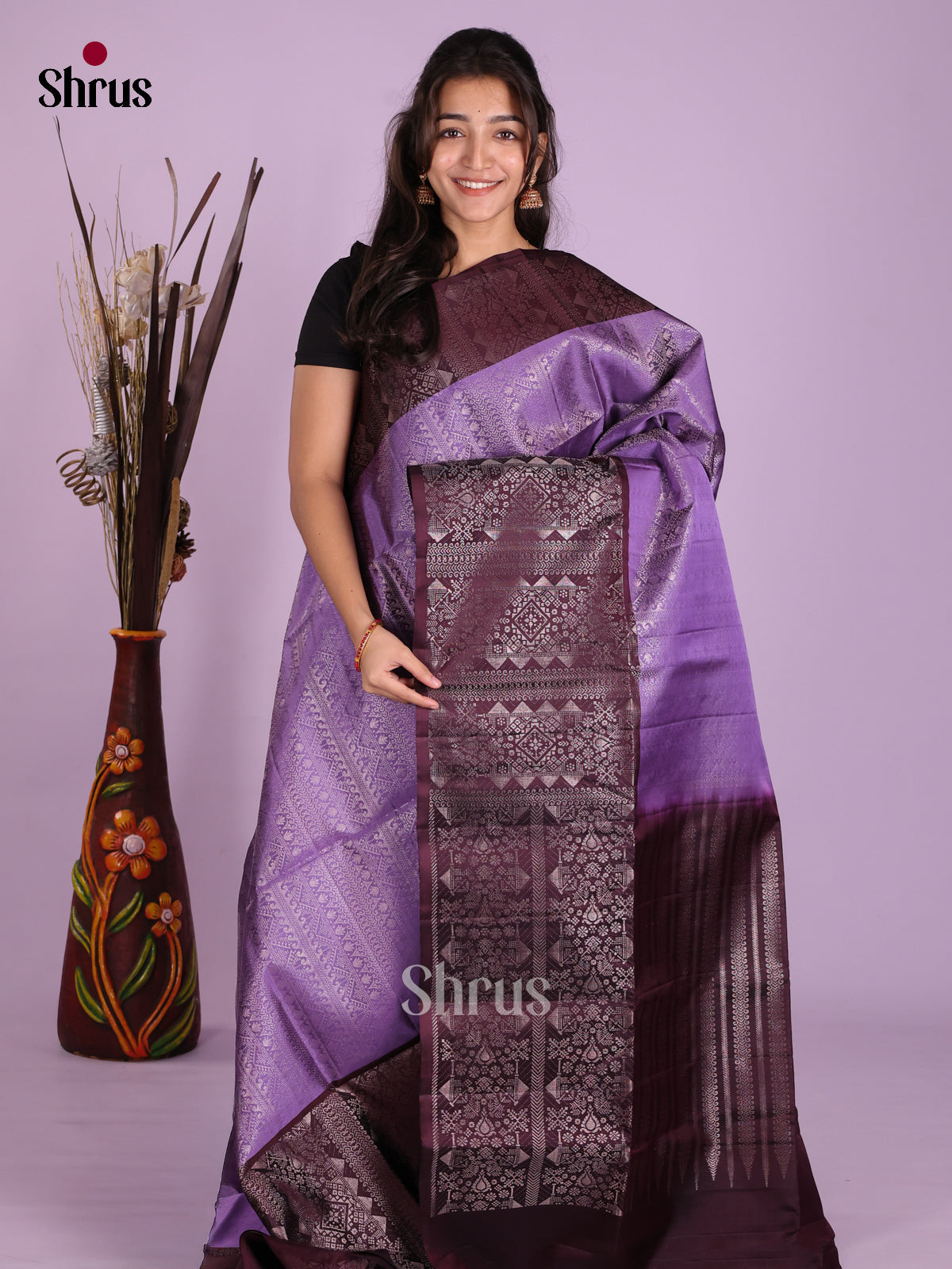 Buy Exquisite Lavender Soft Silk Saree With Silver Zari Weave, Deep Wine Border & Pallu