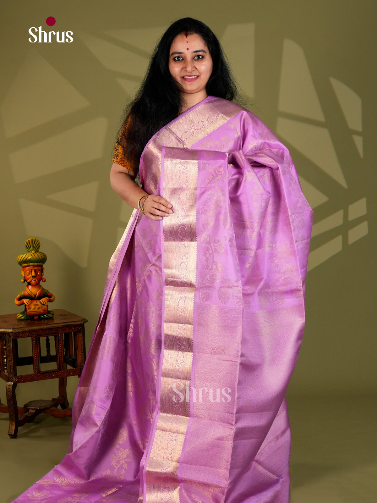Buy Opulent Lavender Soft Silk Saree with Gold Floral Nestling, Zari Border & Brocade pallu