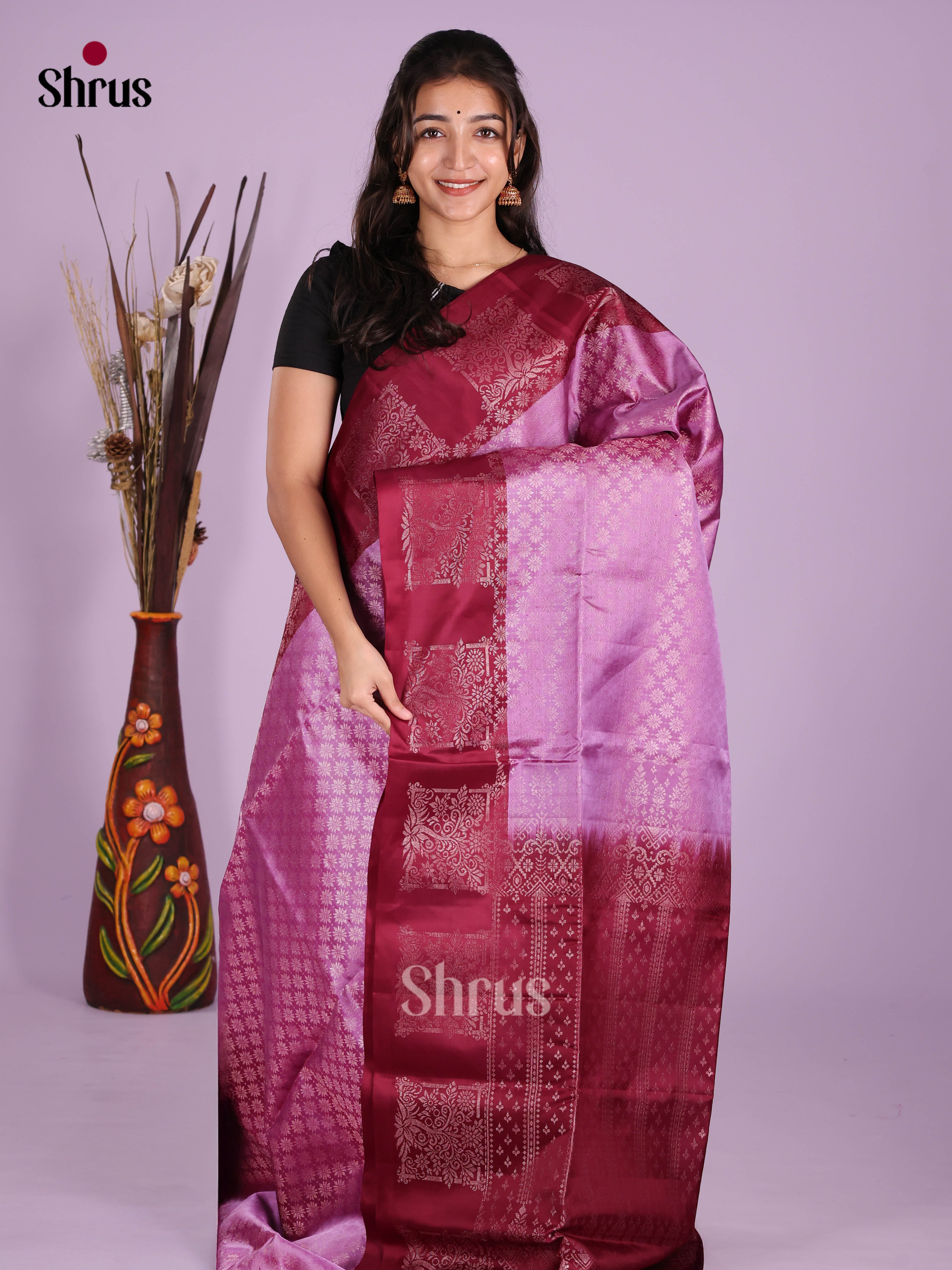 Buy Beautiful Lavender Soft Silk Saree with Zari Floral Brocade, Maroon Woven Border & Pallu