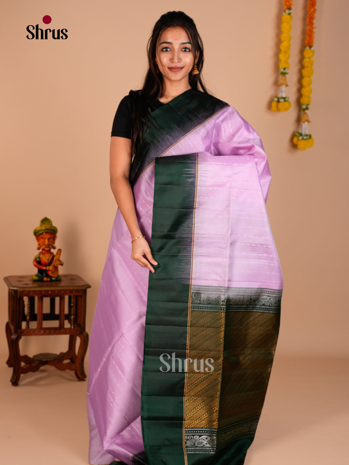 Buy Charming Lavender Soft Silk Saree with Zari Stripes & Dark Green Border And Pallu