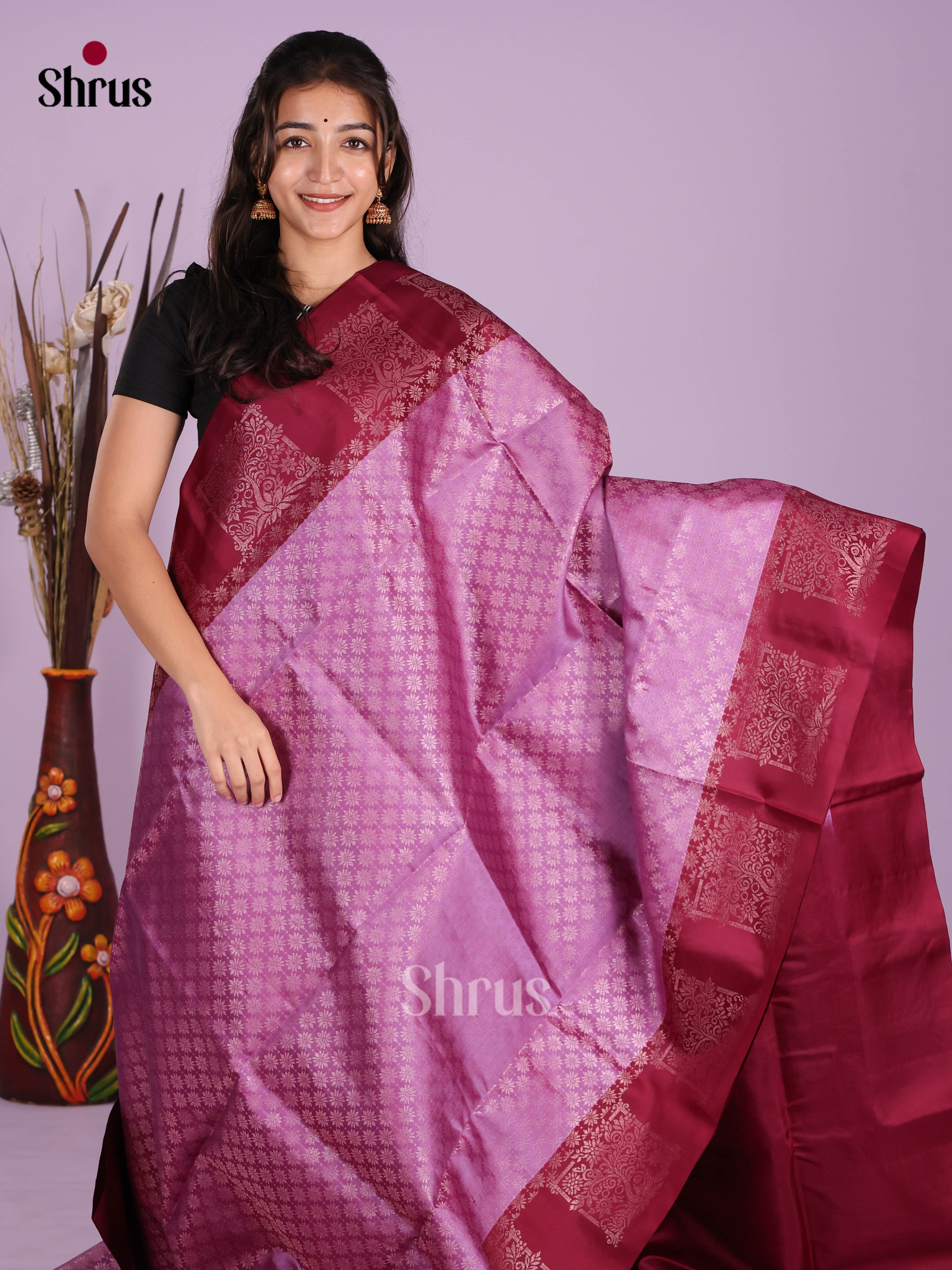 Buy Beautiful Lavender Soft Silk Sarees with Zari Floral Brocade, Maroon Woven Border & Pallu