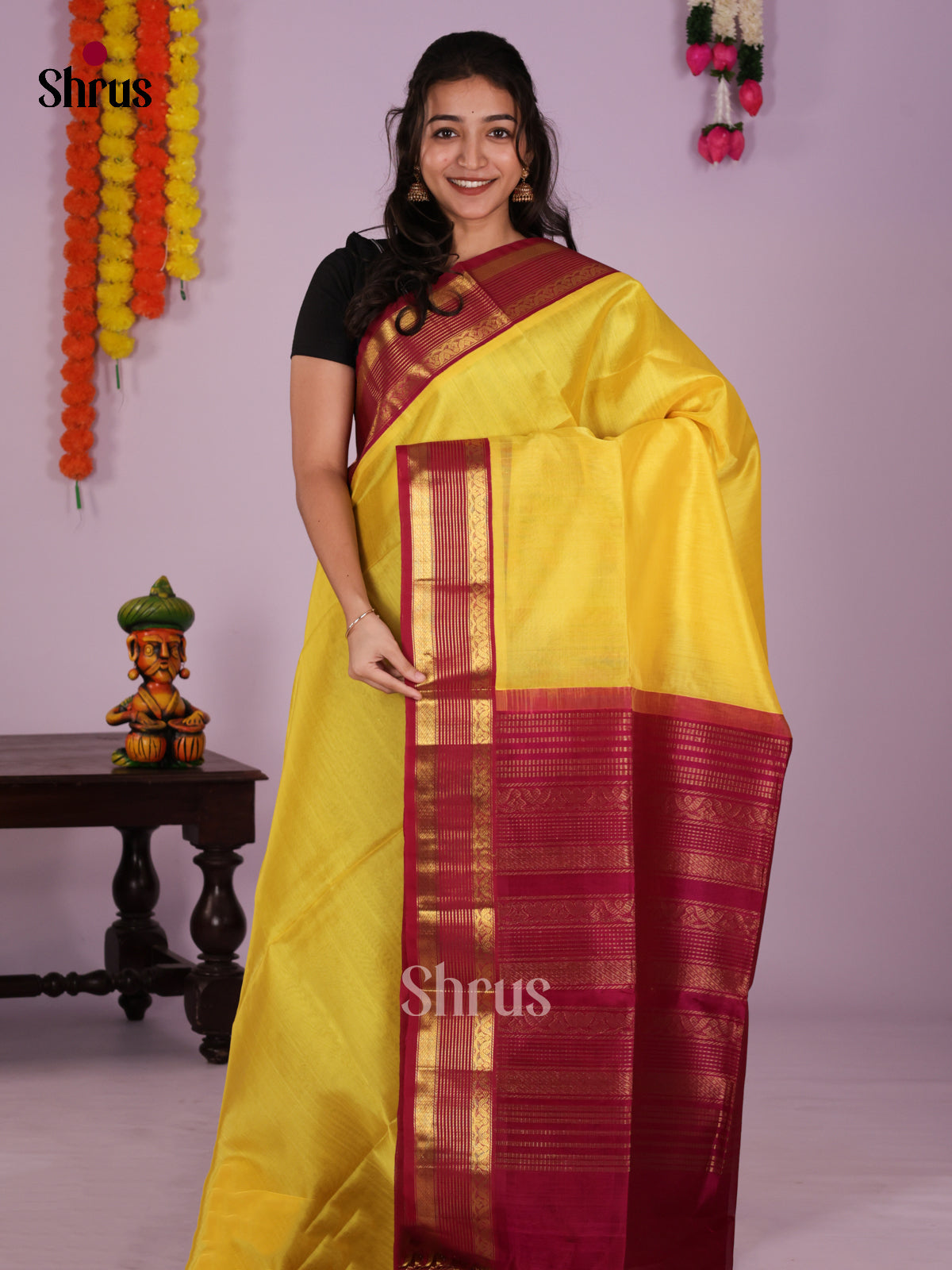 Buy Sheeny Lemon Yellow Silk Cotton Saree With Maroon Rettaipet Korvai Zari Border