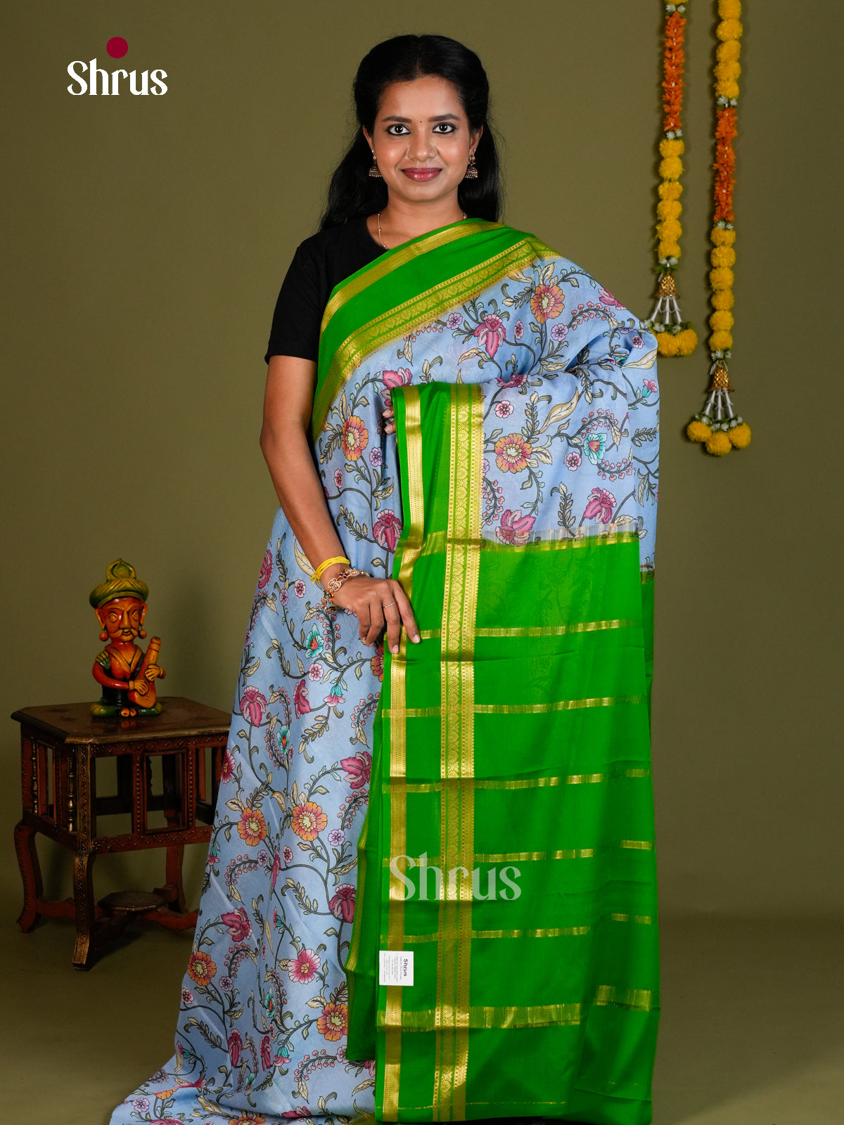 Buy Classic Light Blue Mysore Silk Saree with Kalamkari Print, Green Rettaipet Border & Zari Woven Pallu