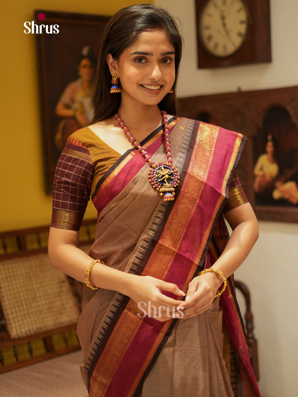 Regal Light Brown Chettinad Cotton Saree With Plain Body & Brown Temple Zari Border