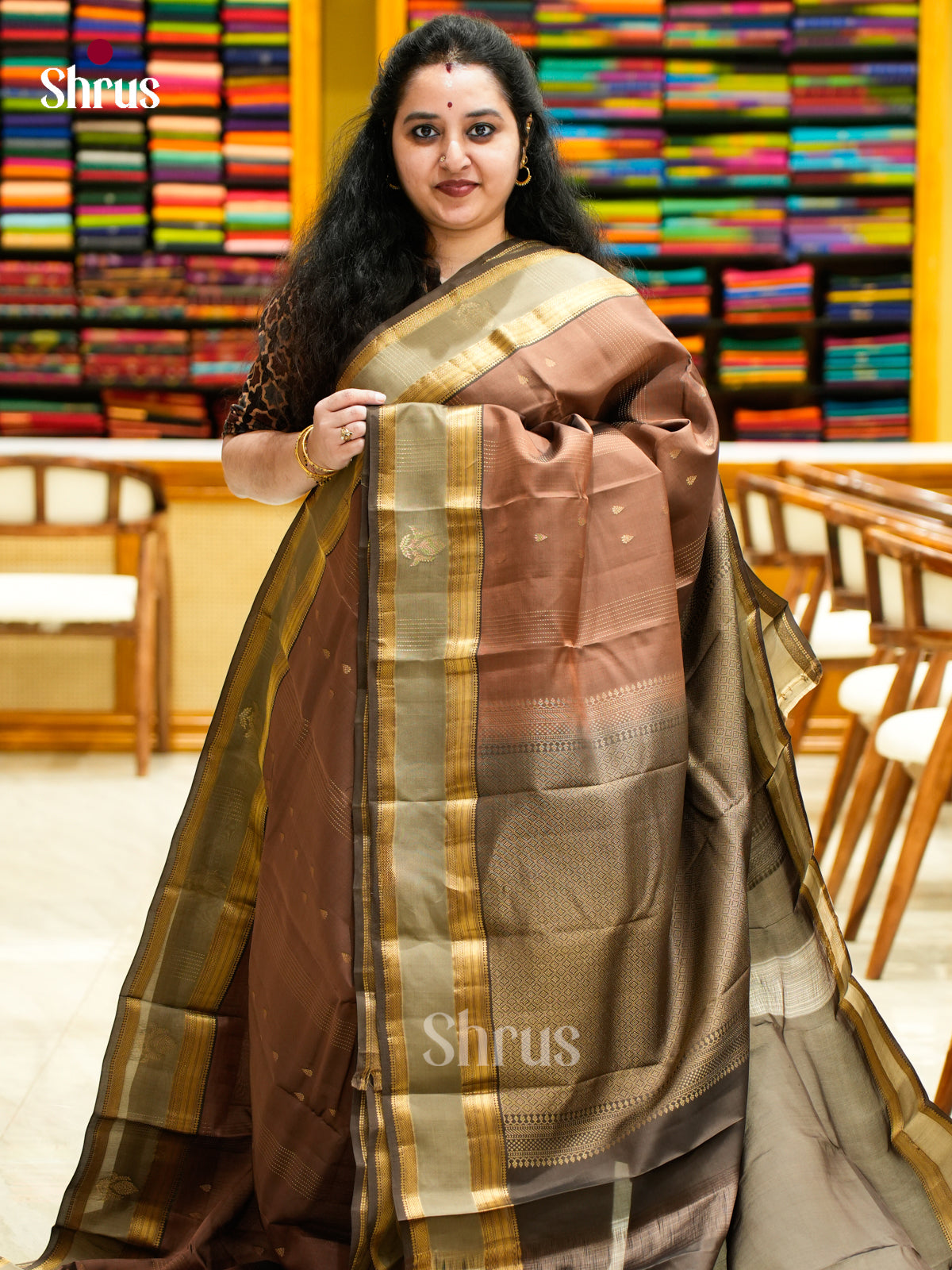 Beautiful Light Brown Halfpure Kanchipuram Saree With Floral Buttas & Muted Olive Green Rettapet Border