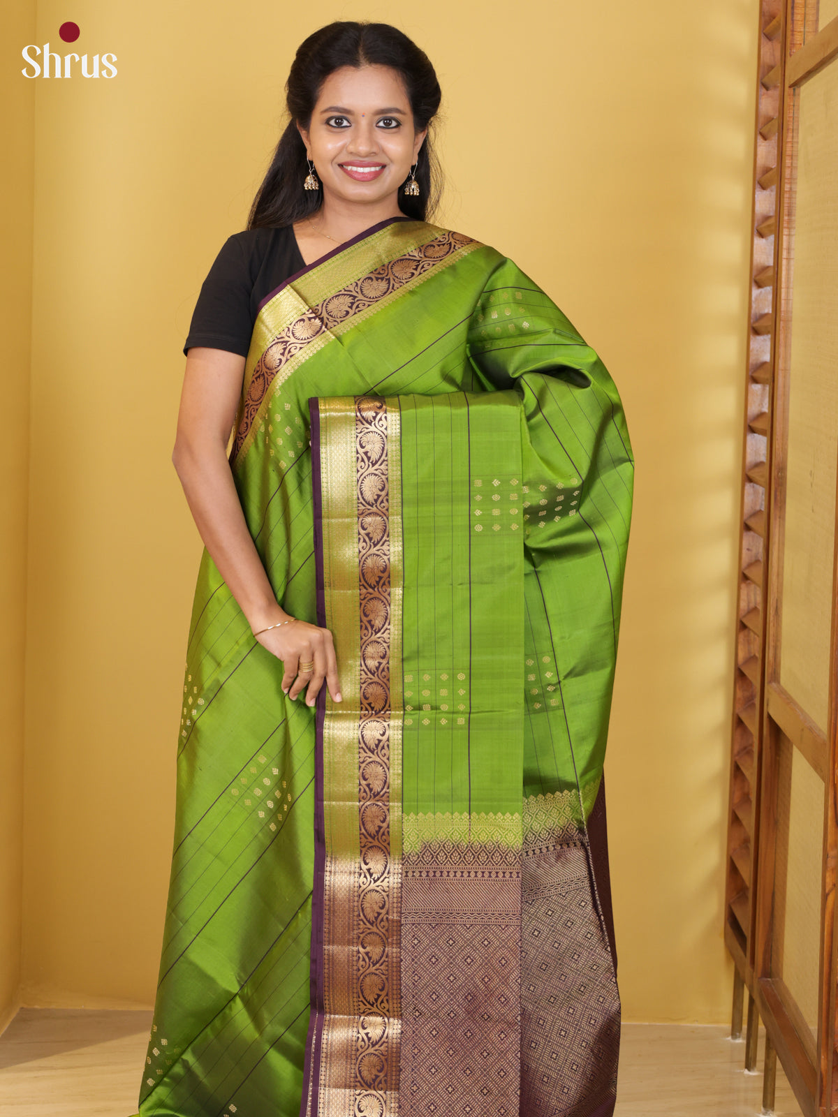 Buy Gorgeous Light Green Kanchipuram Silk Saree With Stripes, Gold Buttas & Wine Zari Border