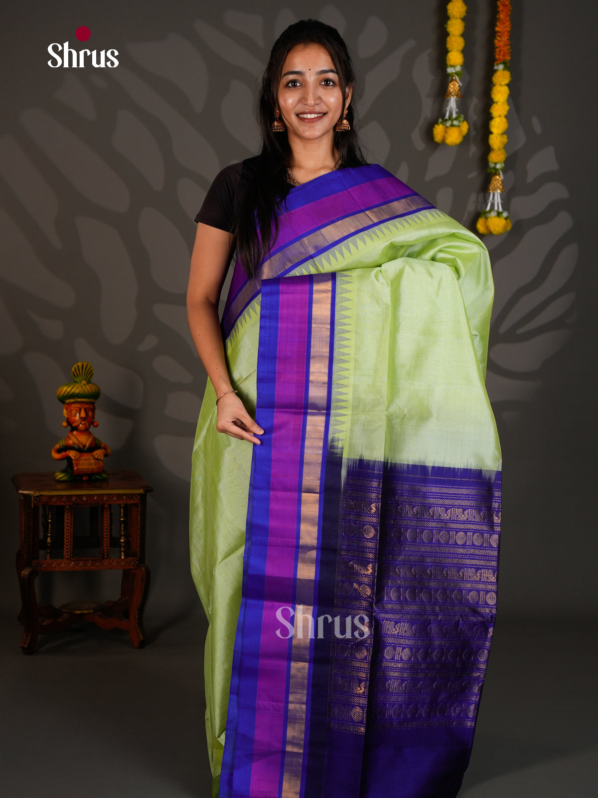 Buy Elegant Light Green Silk Cotton Saree with Plain Body, Blue Temple Border & Zari Brocade Pallu
