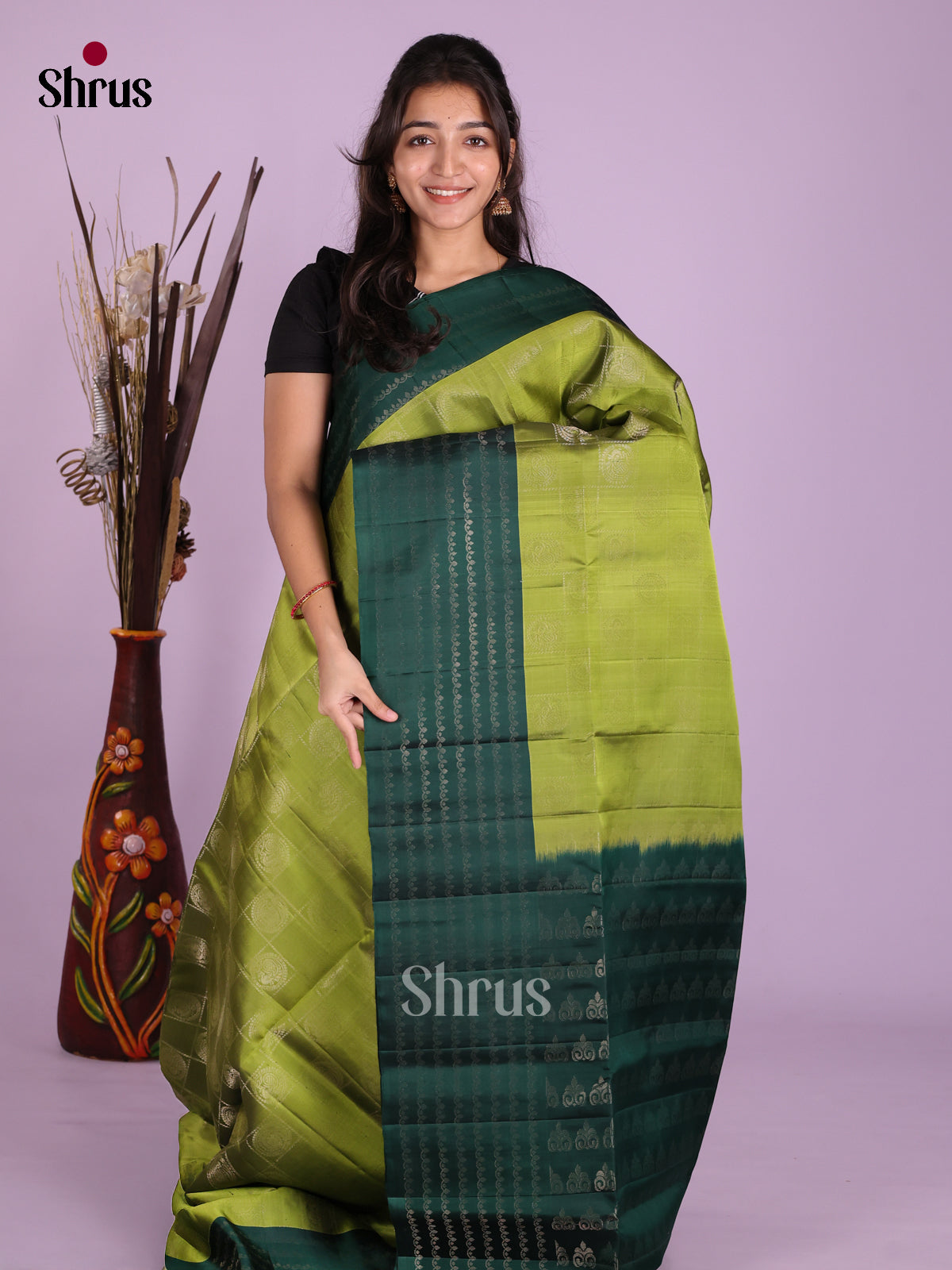 Serene Light Green Soft Silk Saree with Zari Checks & Buttas, Dark Green Striped Border