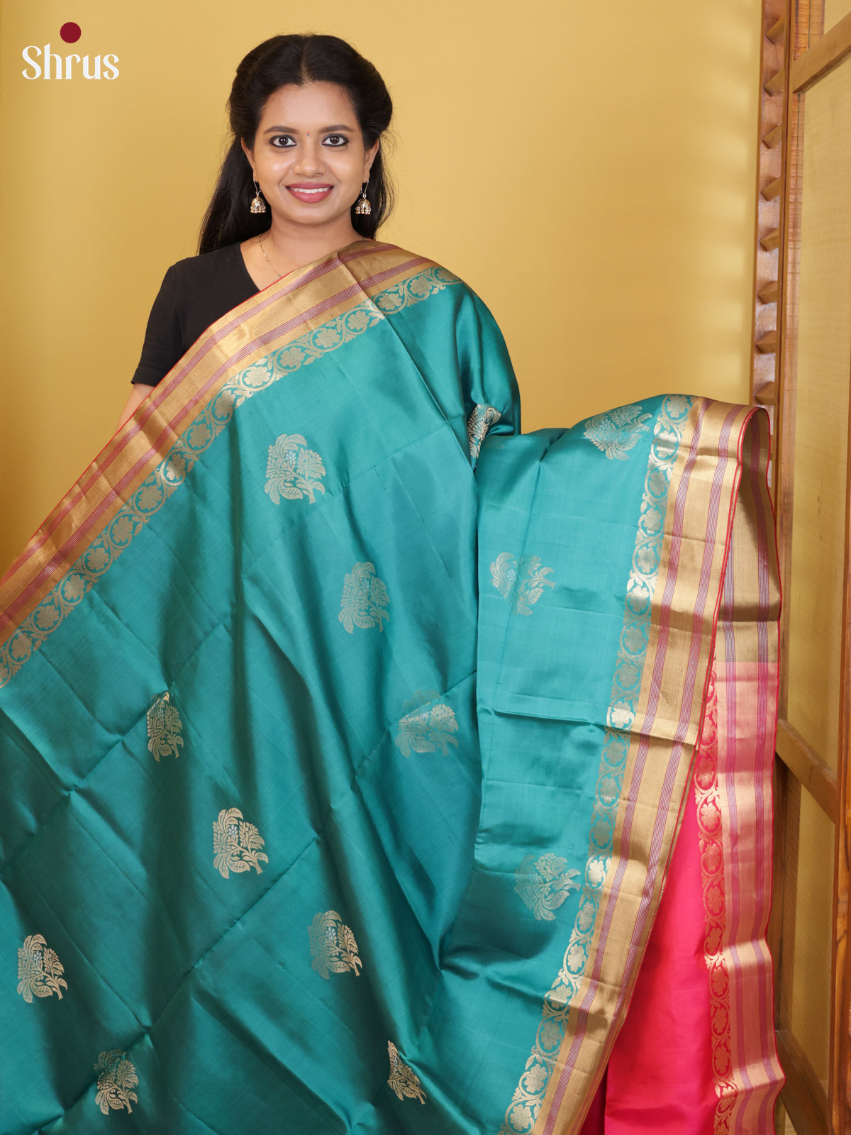 Buy Timeless Light Teal Pure Soft Silk Saree with Floral Motifs, Zari Woven Border & Pink Pallu