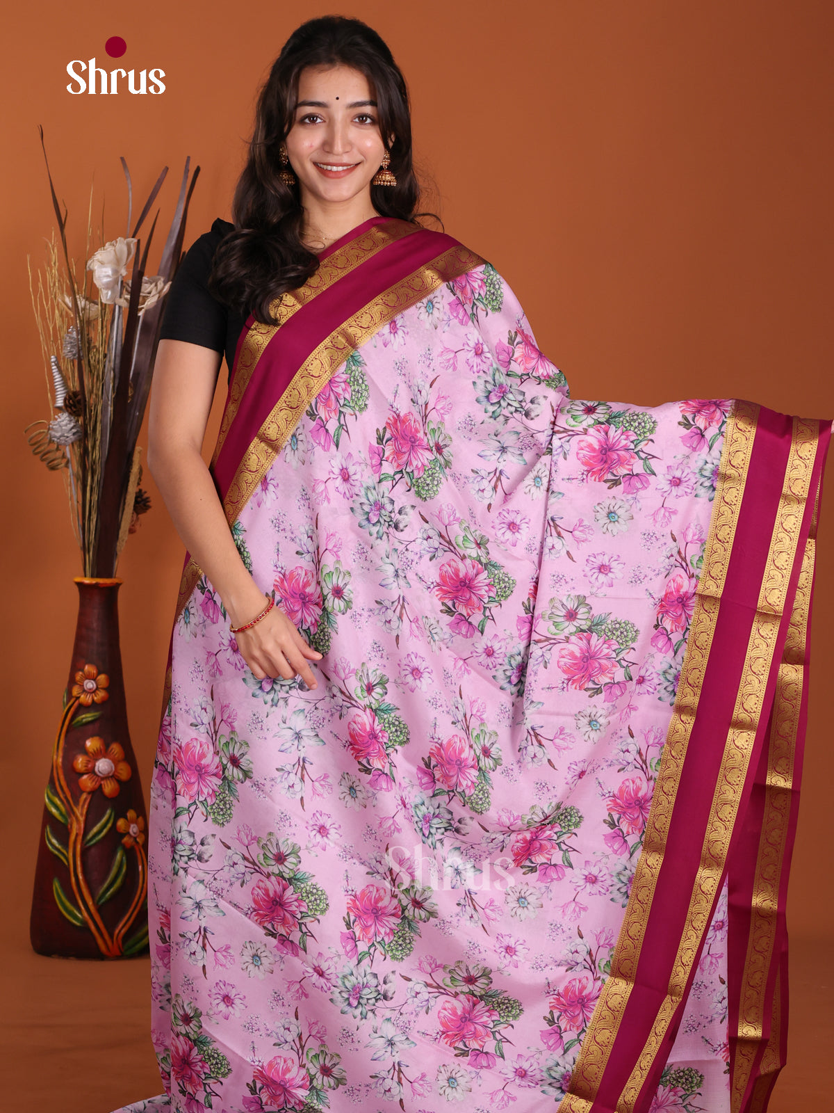 Buy Exquisite Lilac Mysore Crepe Silk Saree with Floral Print, Magenta Rettaipet Zari Border & Chit Pallu