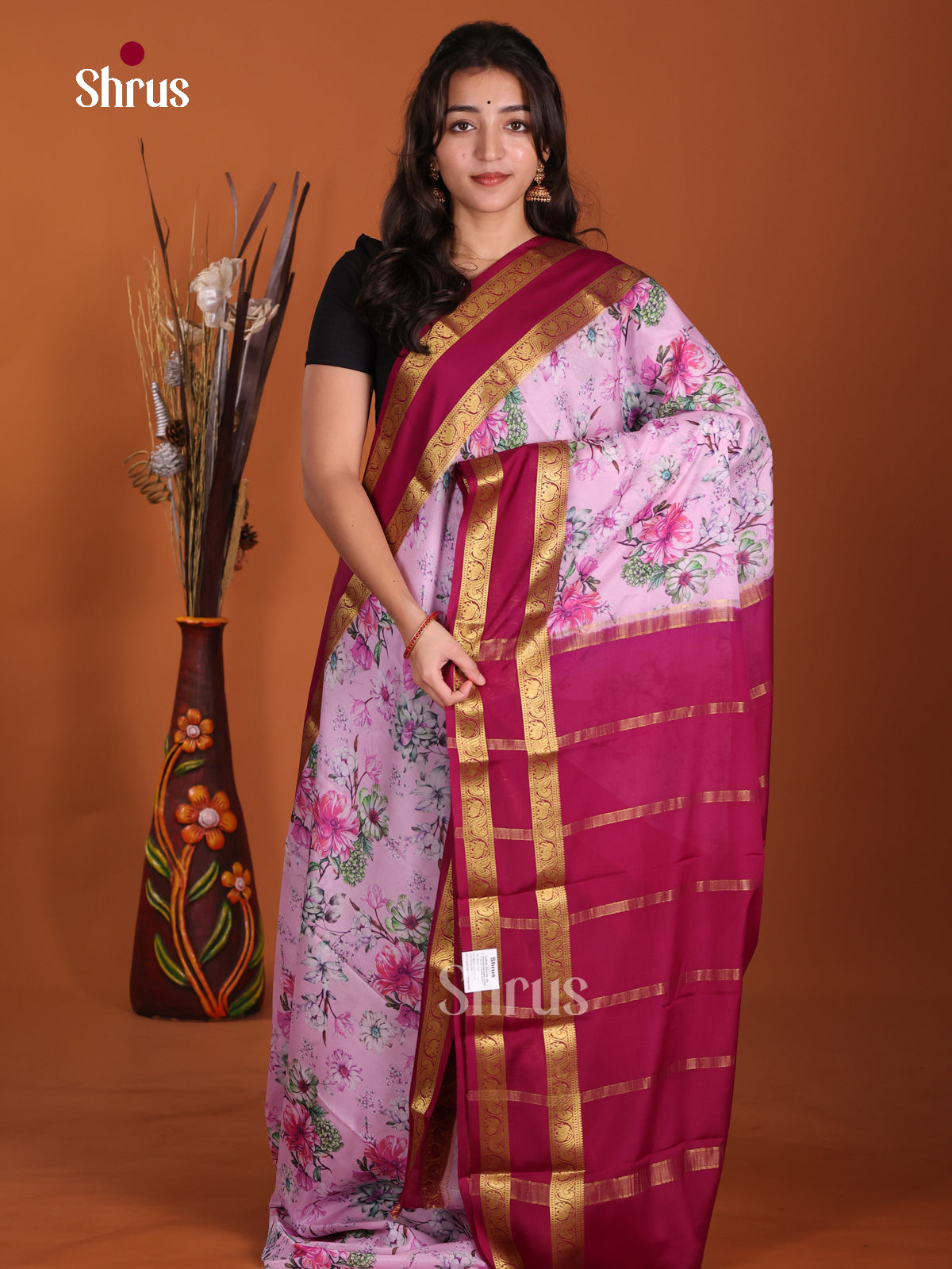 Buy Exquisite Lilac Mysore Silk Saree with Floral Print, Magenta Rettaipet Zari Border & Chit Pallu