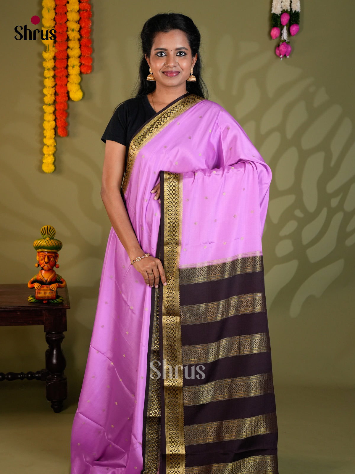 Buy Vivacious Lilac Mysore Silk Saree with Gold Buttas, Dark Brown Border & Stripe Pallu