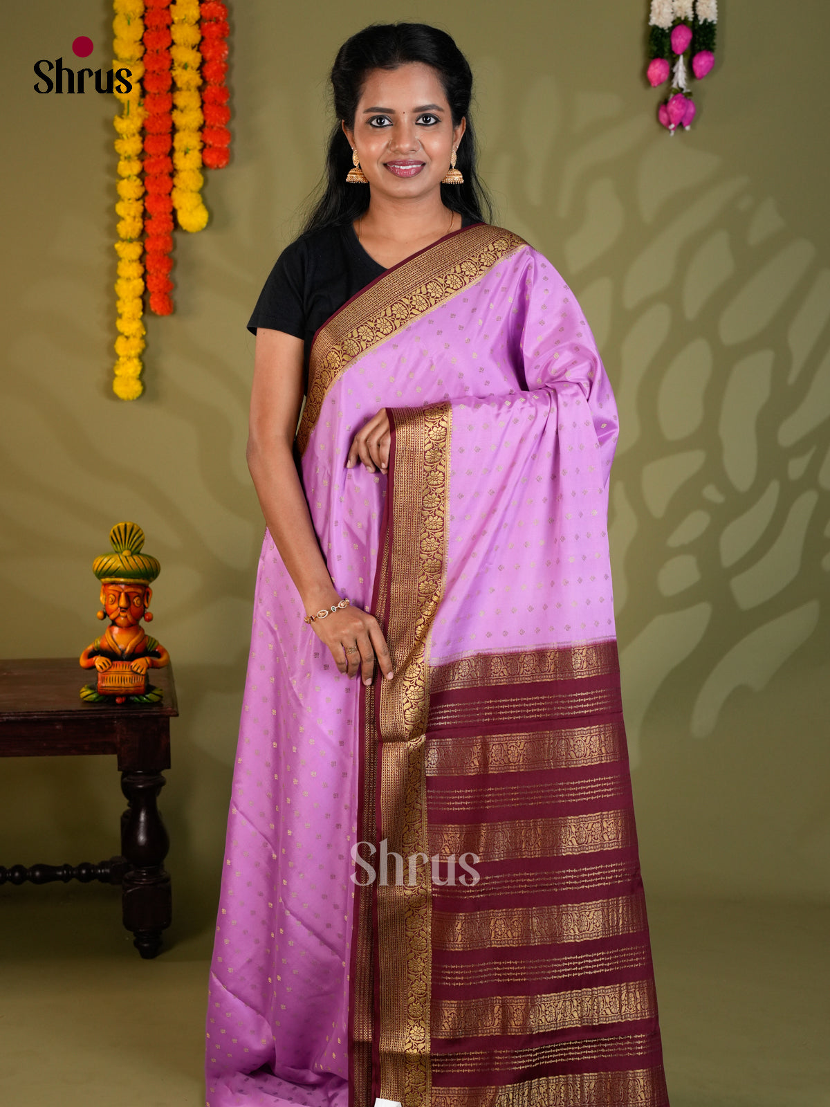 Buy Exquisite Lilac Mysore Silk Saree with Gold Zari Buttas, Maroon Border & Traditional Striped Pallu