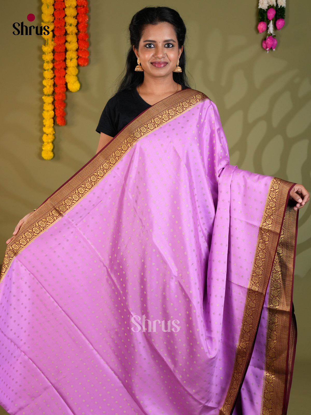 Buy Exquisite Lilac Mysore Silk Sarees with Gold Zari Buttas, Maroon Border & Traditional Striped Pallu