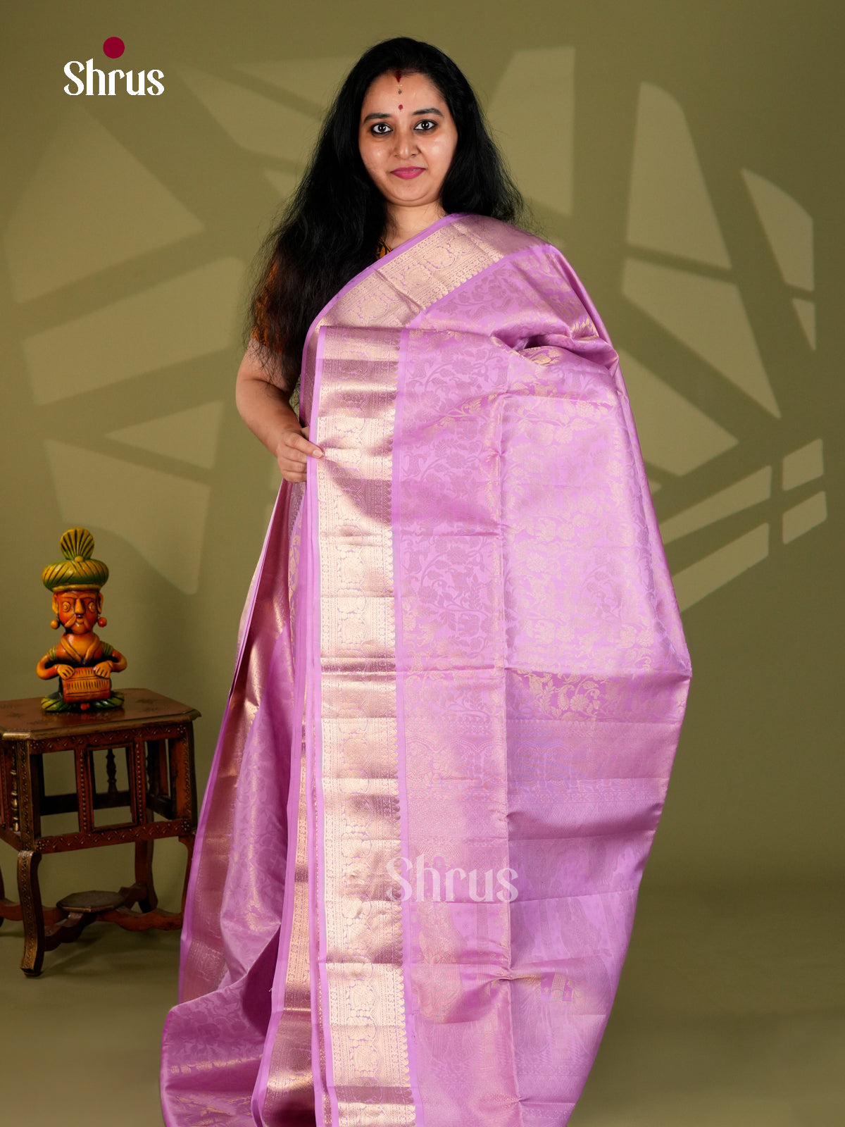 Buy Vivacious Lilac Soft Silk Saree with Vanashigaram Floral Nestling, Zari Border & Brocade Pallu