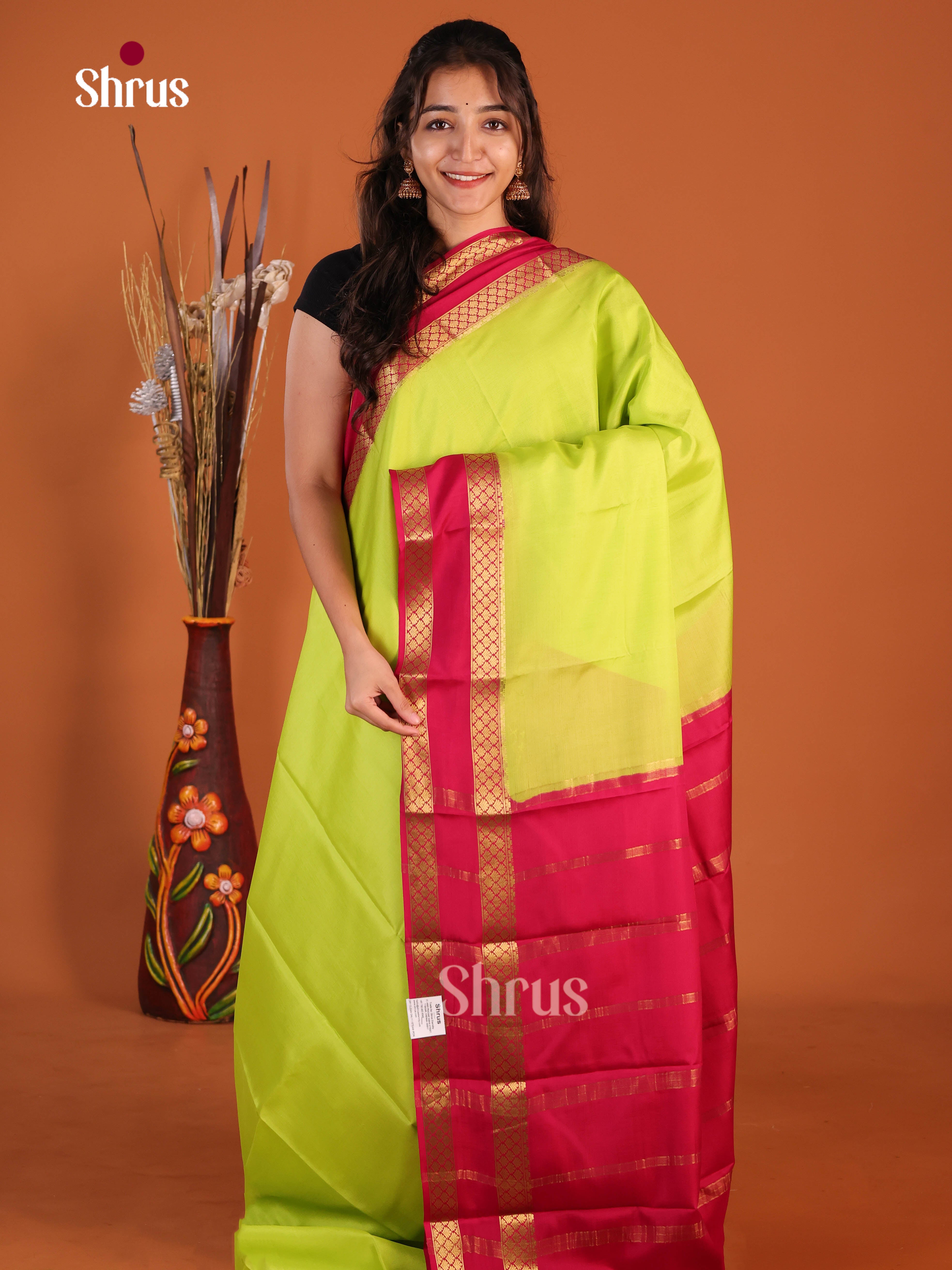 Buy Regal Lime Green Mysore Silk Saree with Plain Body, Red Rettapet Zari Border & Chit Pallu