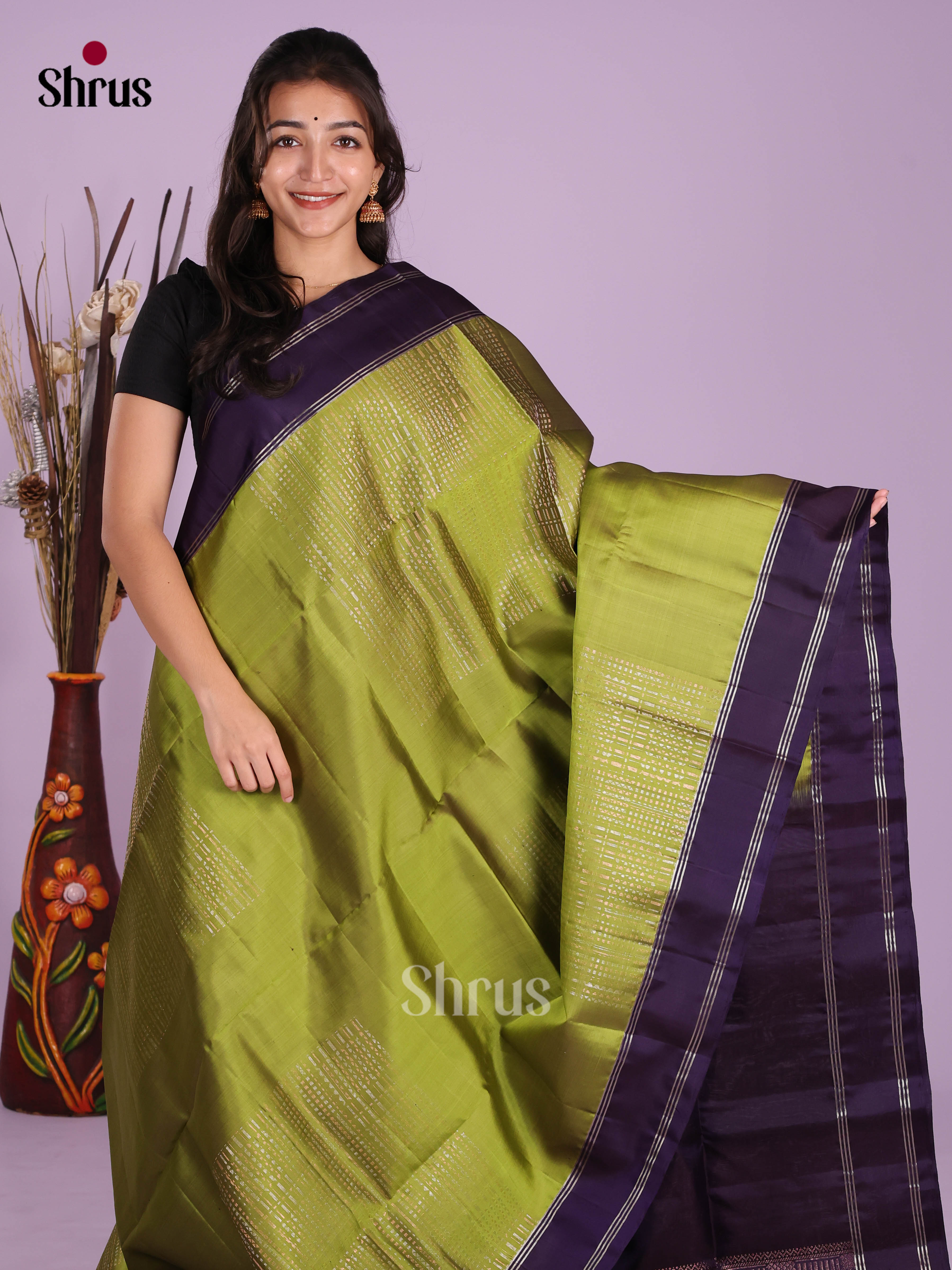 Buy Luminous Lime Green Pure Soft Silk Saree With Zari Woven Patterns, Purple Rettapet Border & Pallu