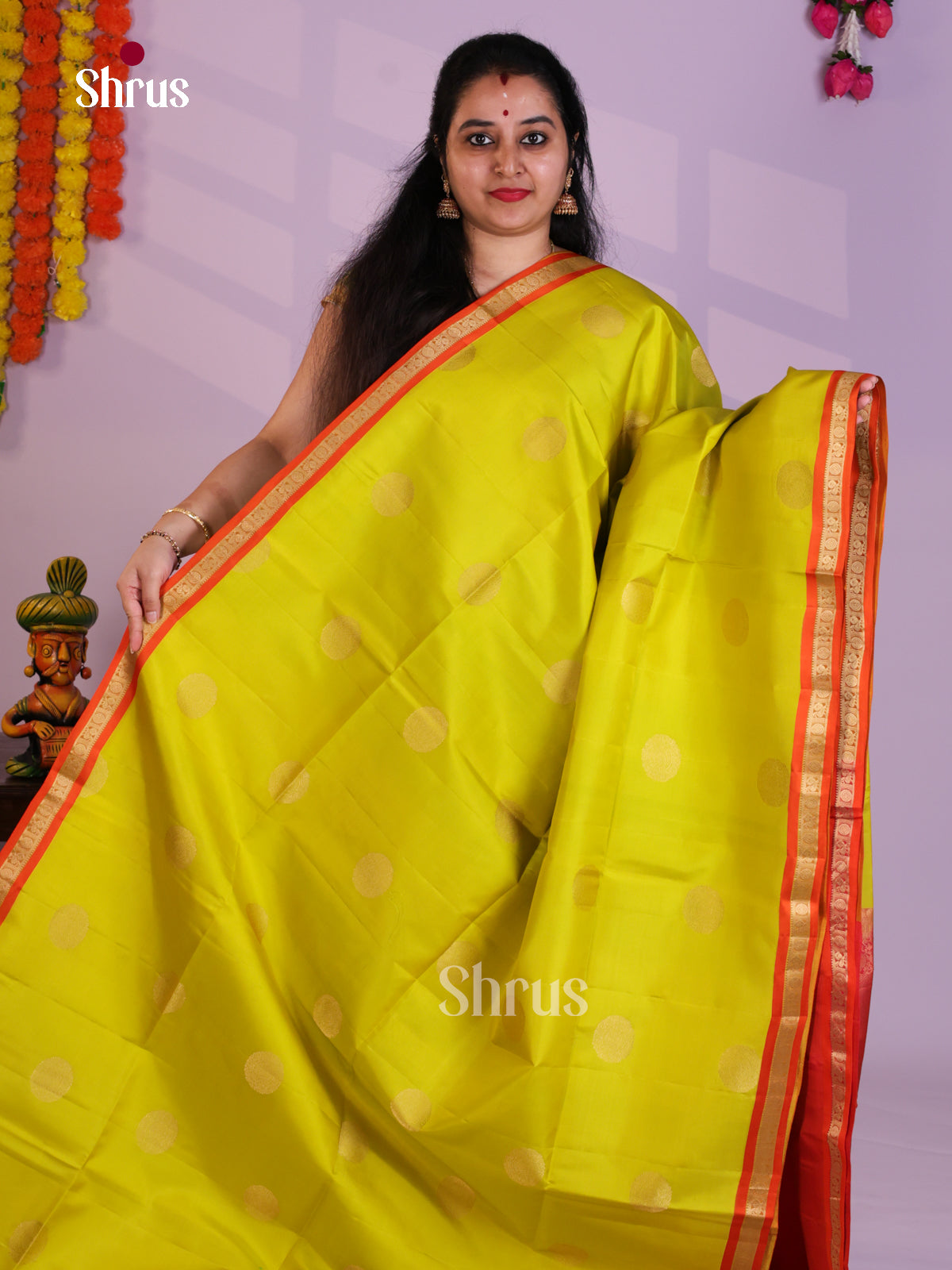 Buy Opulent Lime Green Pure Soft Silk Saree with Round Floral Motifs & Orange Small Zari Border & Pallu
