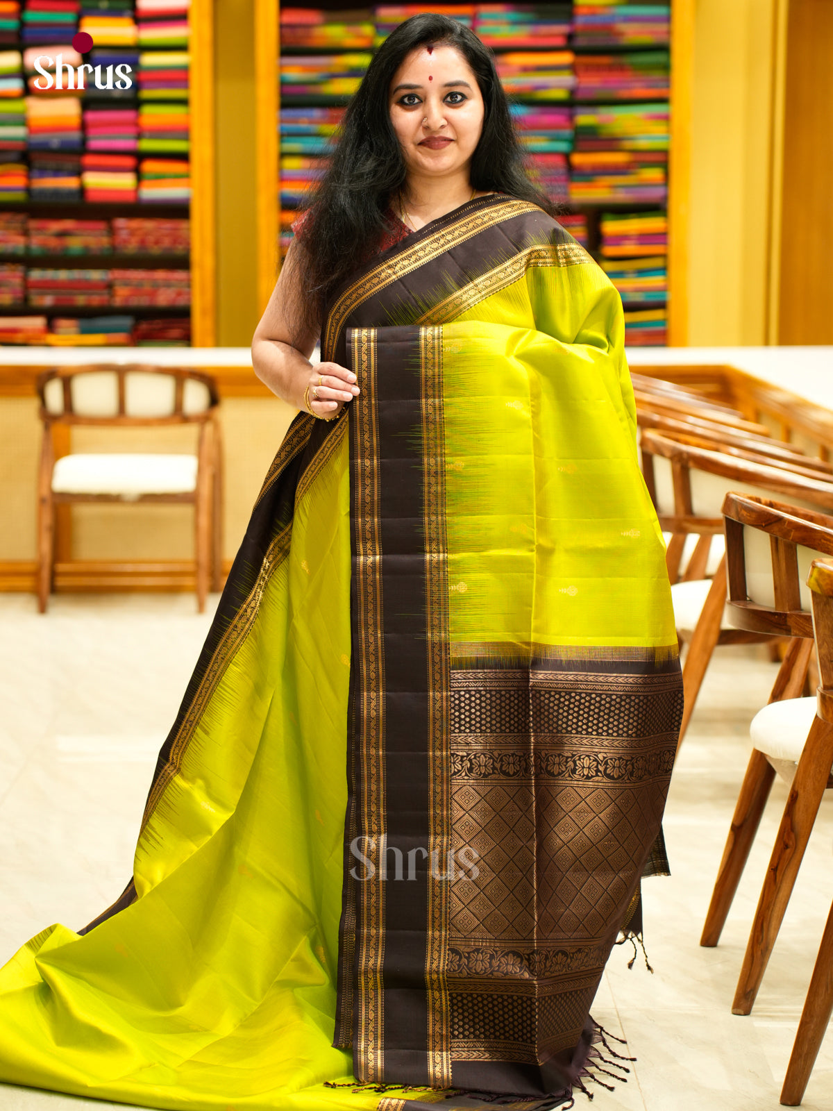 Buy Pretty Lime Green Soft Silk Saree With Golden Floral Buttas & Brown Rettaipet Border & Pallu