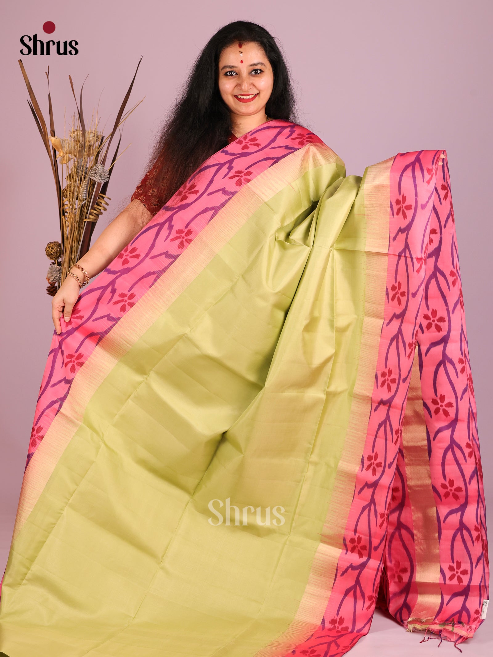 Buy Vivid Lime Green Soft Silk Saree With Plain body, Pink Ikat Border & Brocade Pallu