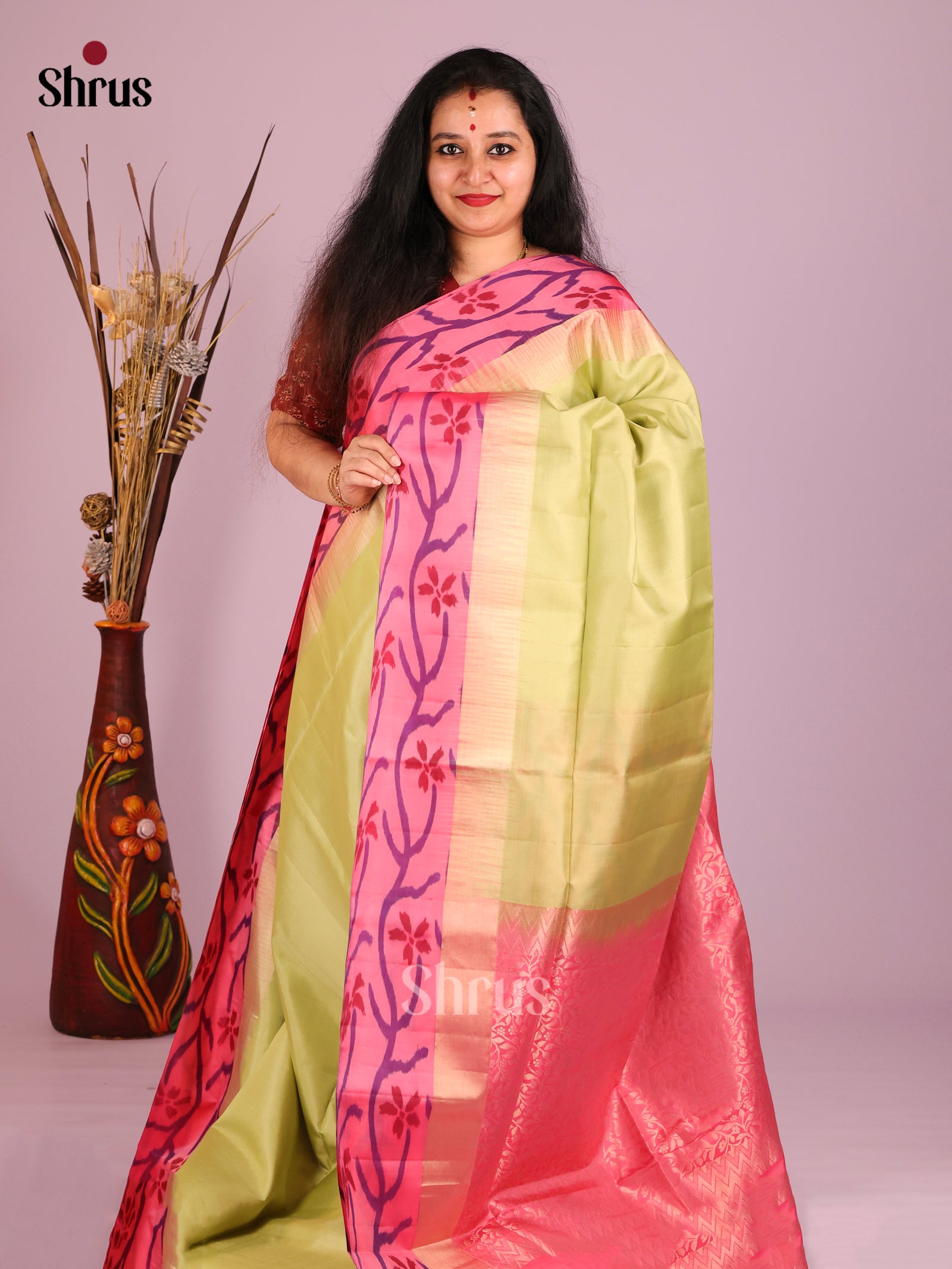 Buy Vivid Lime Green Soft Silk Saree With Plain body, Pink Ikat Inspired Border & Brocade Pallu