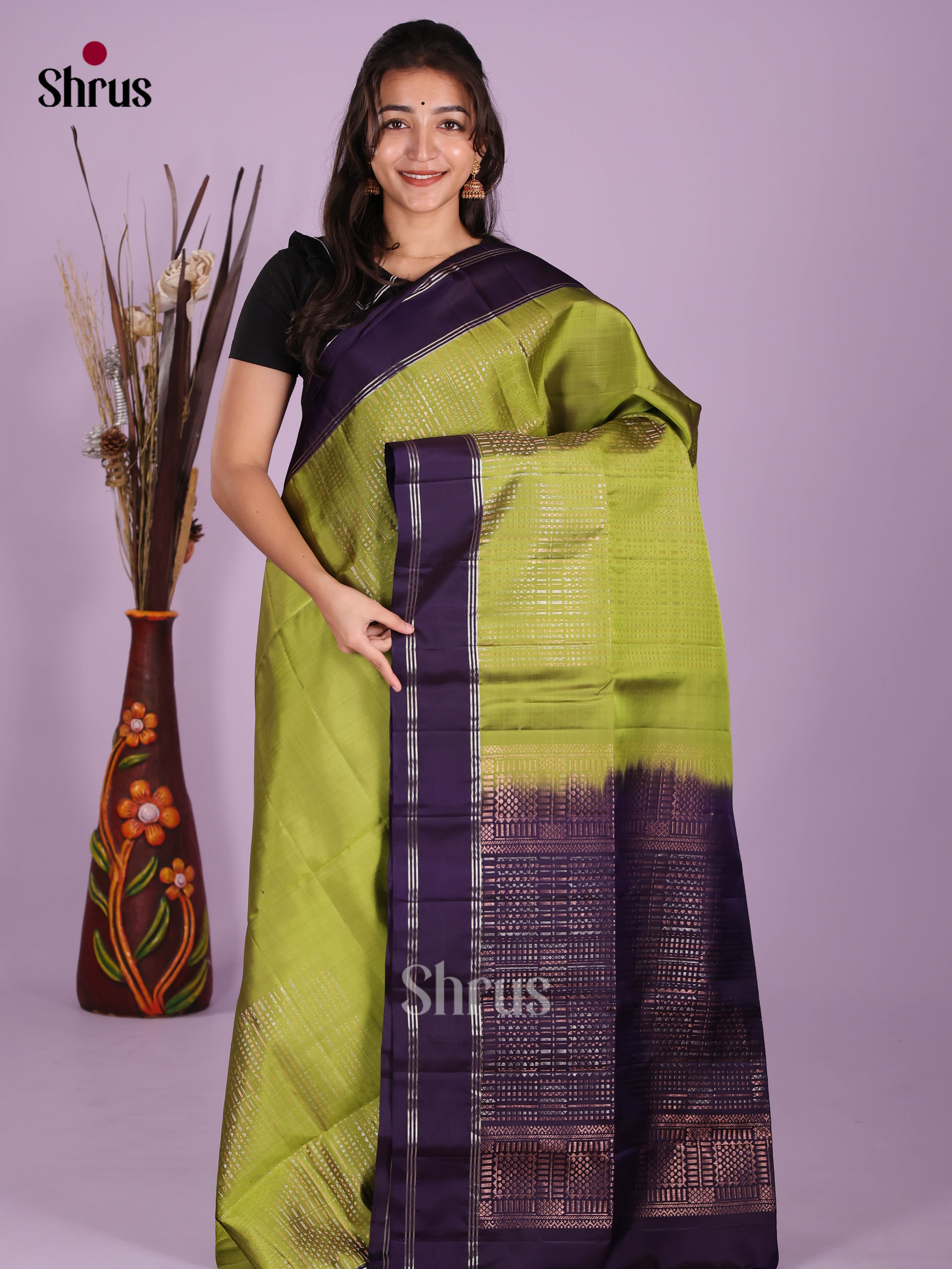 Buy Luminous Lime Green Soft Silk Saree With Zari Woven Patterns, Purple Rettapet Border & Pallu