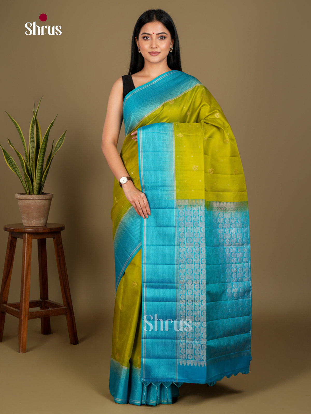 Buy Exquisite Lime Green Soft Silk Saree with Zari Buttas, Sky Blue Border & Brocade Pallu