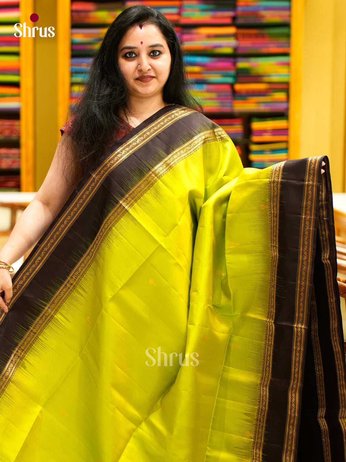 Buy Pretty Lime Green Soft Silk Sarees With Golden Floral Buttas & Brown Rettaipet Border & Pallu