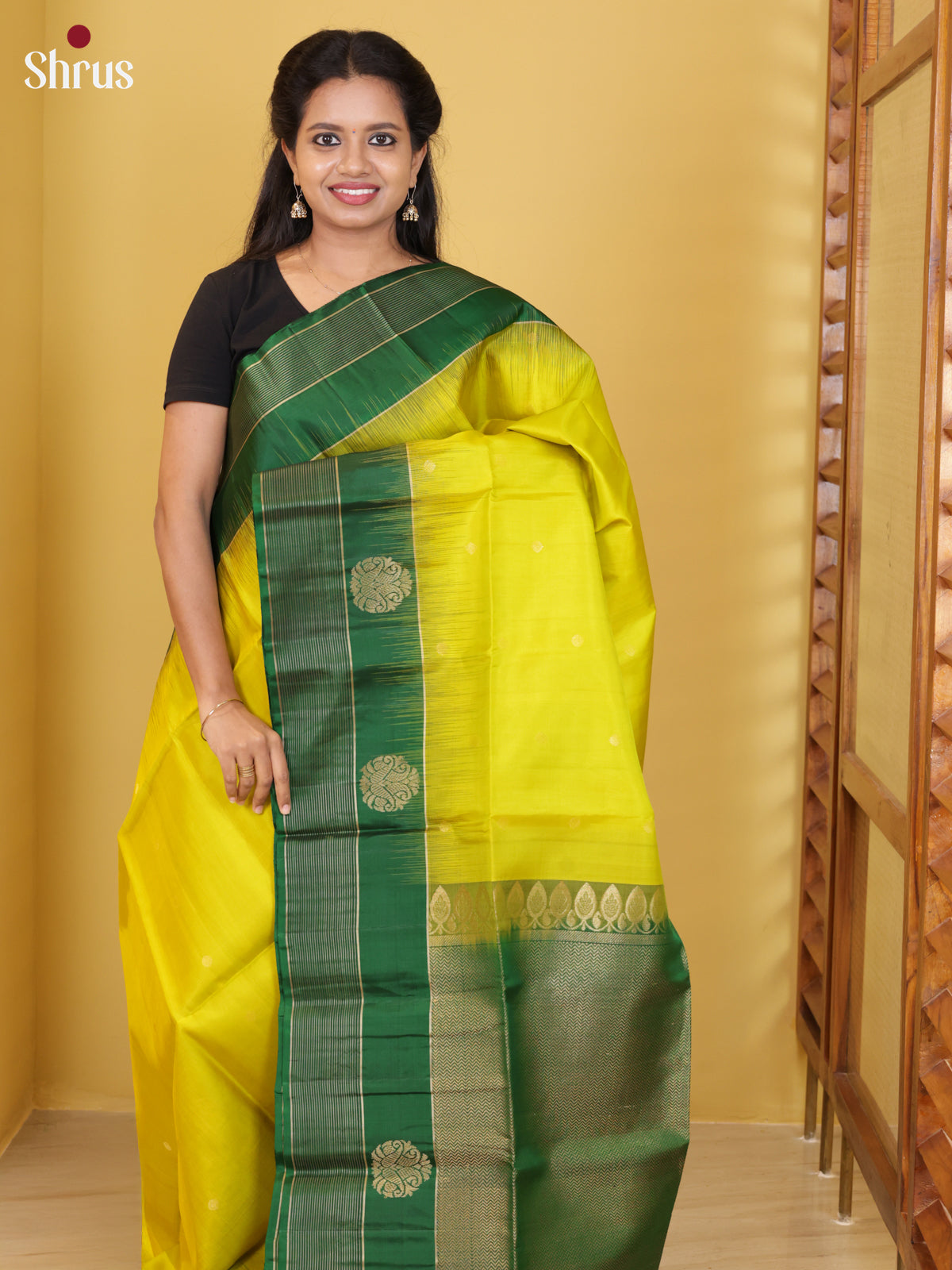 Buy Vibrant Lime Yellow Soft Silk Saree with Zari Buttas & Green Striped Border With Paisley Motifs