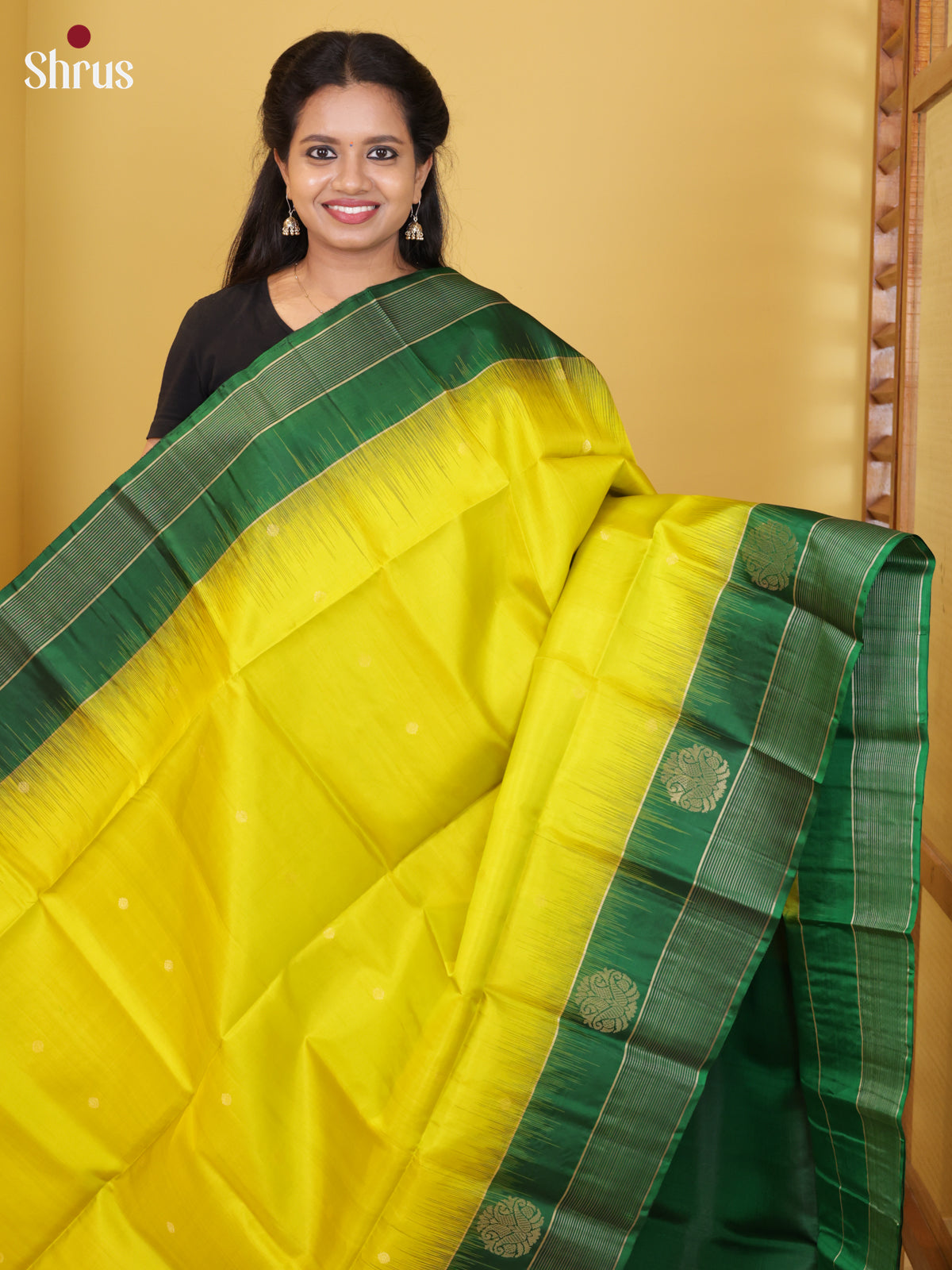Buy Vibrant Lime Yellow Soft Silk Sarees with Zari Buttas & Green Striped Border With Paisley Motifs