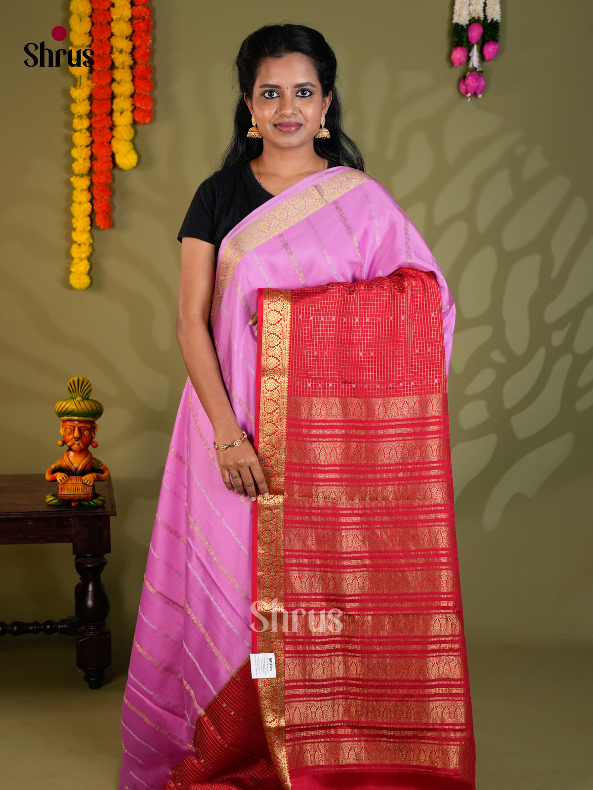 Buy Majestic Lotus Pink Half & Half Mysore Silk Saree with Gold Stripes, Red Checks & Zari Pallu