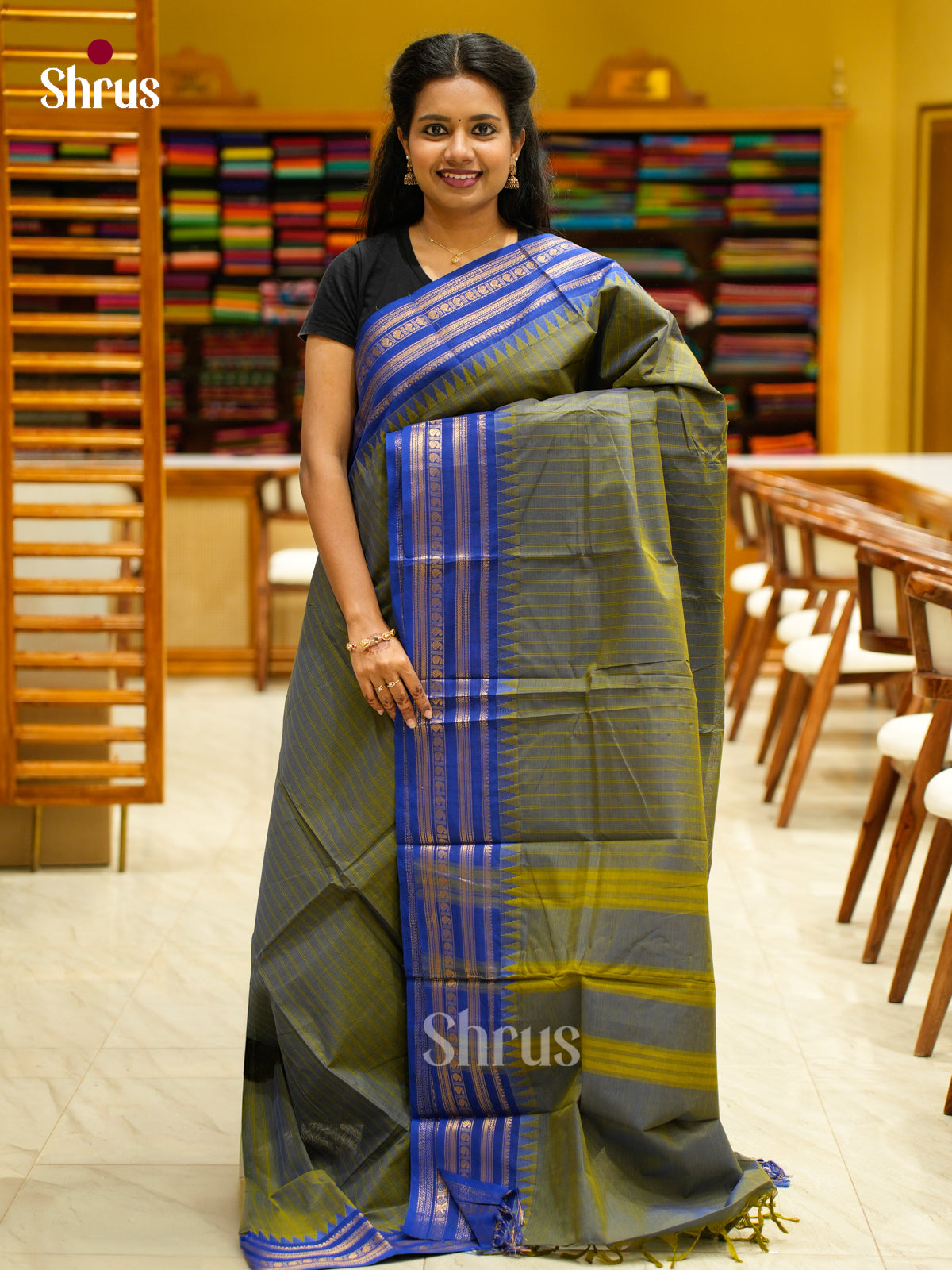 Lovely Grey Chettinad Cotton Saree With Woven Stripes & Blue Temple Zari Border