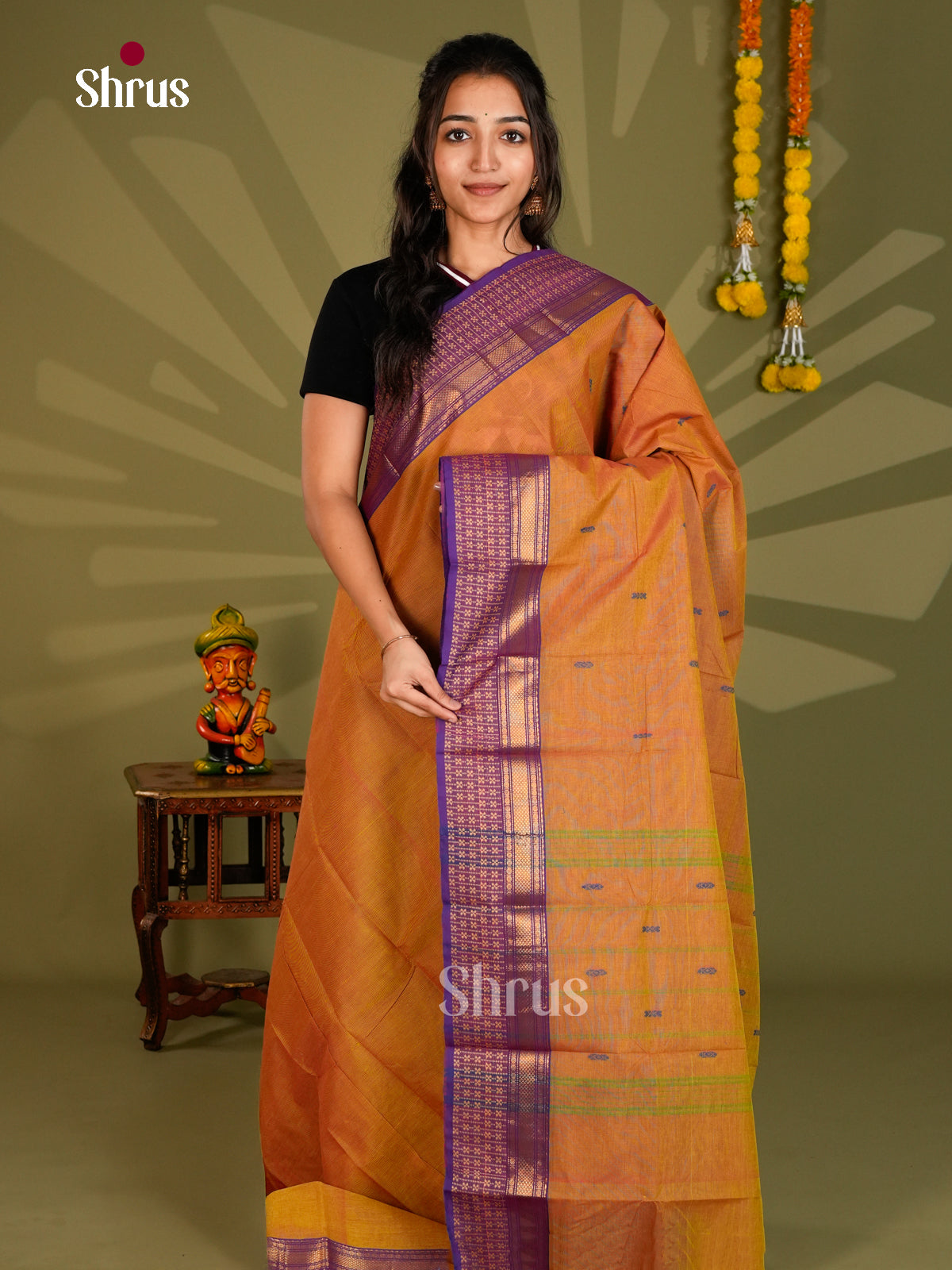 Luminous Mustard Chettinad Cotton Saree With Thread Buttas & Purple Zari Woven Border