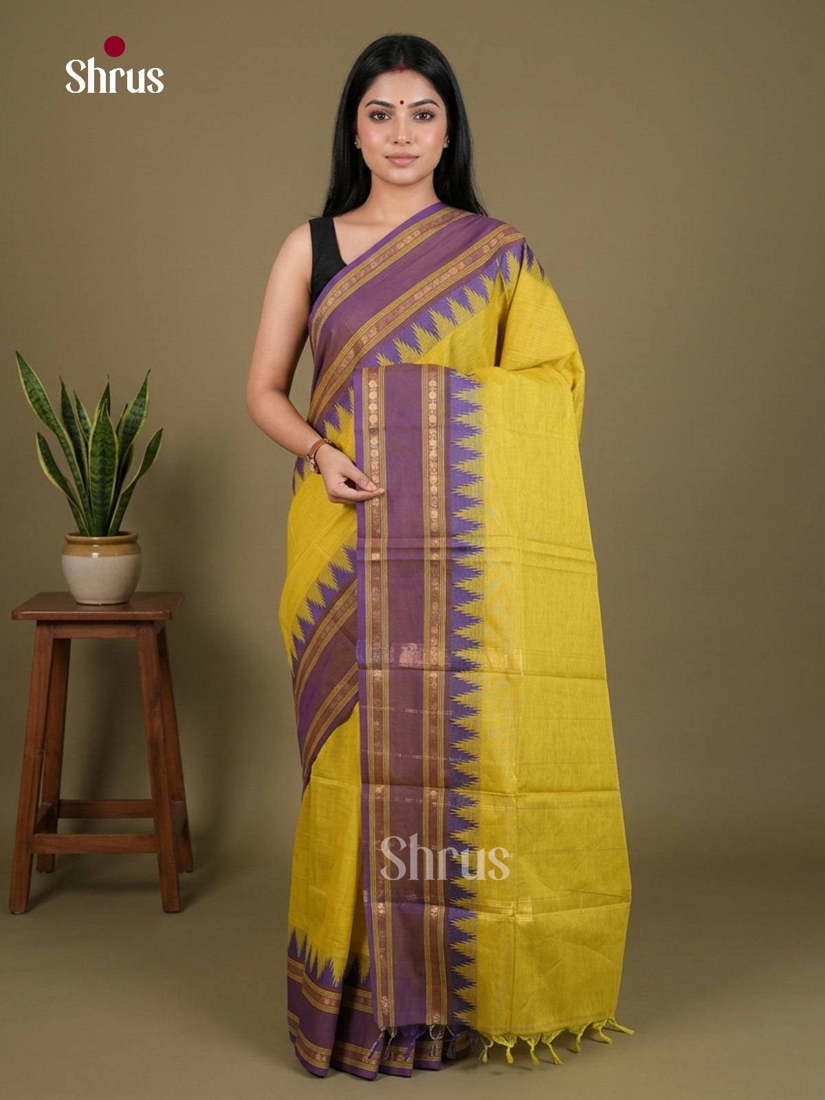 Luminous Mustard Chettinad Cotton Saree With Violet Rettapet Temple Border With Rudraksh Buttas