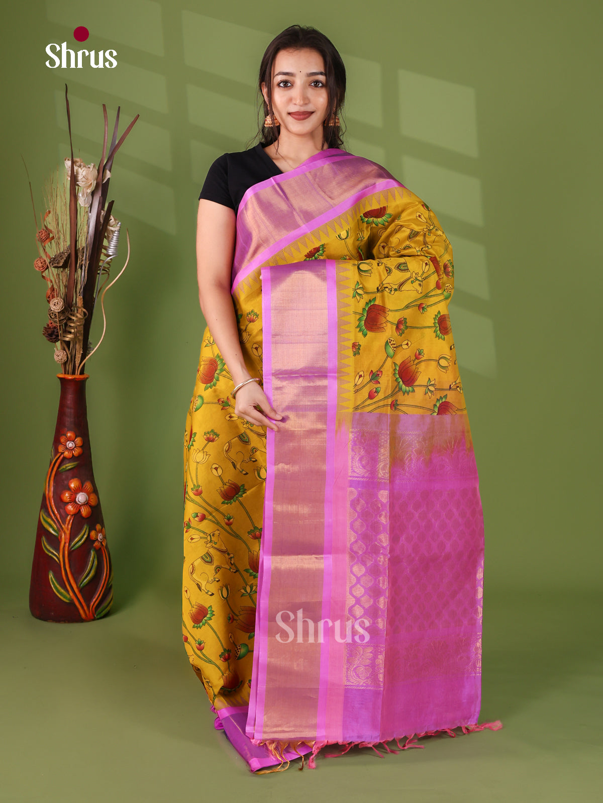 Luminous Mustard Cotton Silk Saree With Floral Vines, Rose Pink Temple Zari Border & Brocade pallu