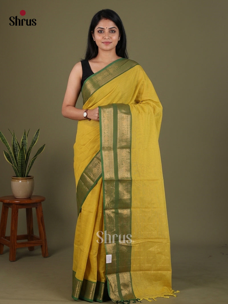 Luminous Mustard Yellow Chettinad Cotton Saree With Olive Green Zari Border & Chit Pallu