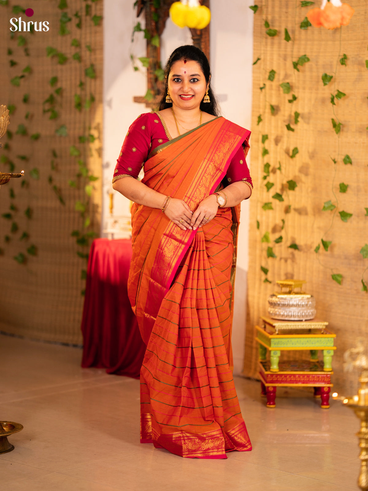 Luminous Orange Chettinad Cotton Saree With Stripes & Ganga Jamuna Border