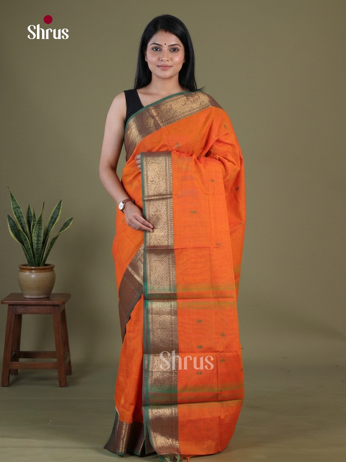 Luminous Orange Chettinad Cotton Saree With Thread Buttas & Green Zari Border