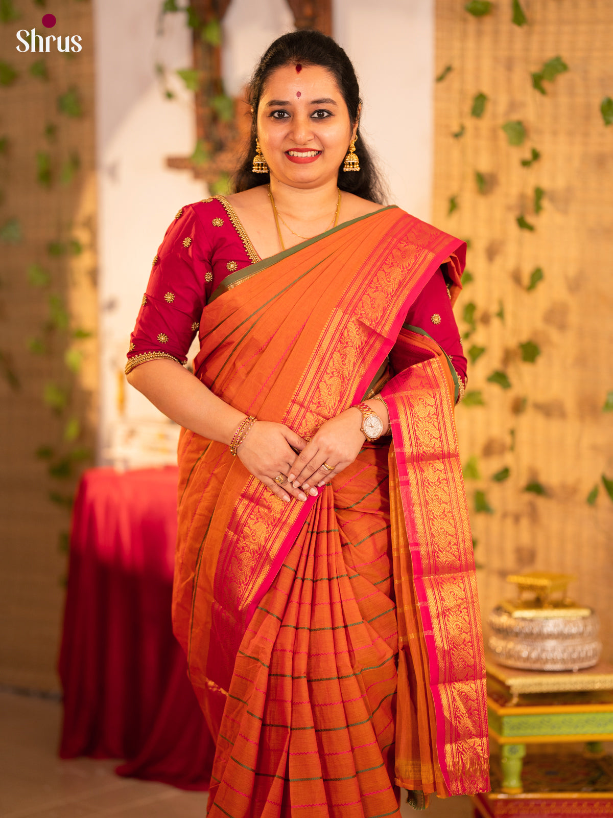 Luminous Orange Chettinad Cotton Sarees With Stripes & Ganga Jamuna Border
