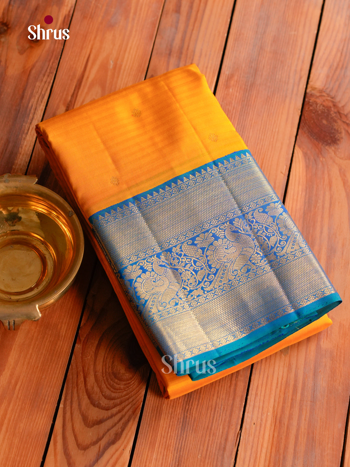 Luminous Yellow Kanchipuram silk Saree With Sel Stripes & Gold uttas | Blue Temple Zari Border