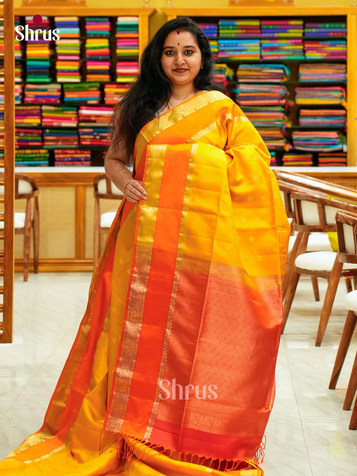 Luminous Yellow Soft Silk Saree with Gold Buttas, Orange Rettapet Border & Brocade Pallu