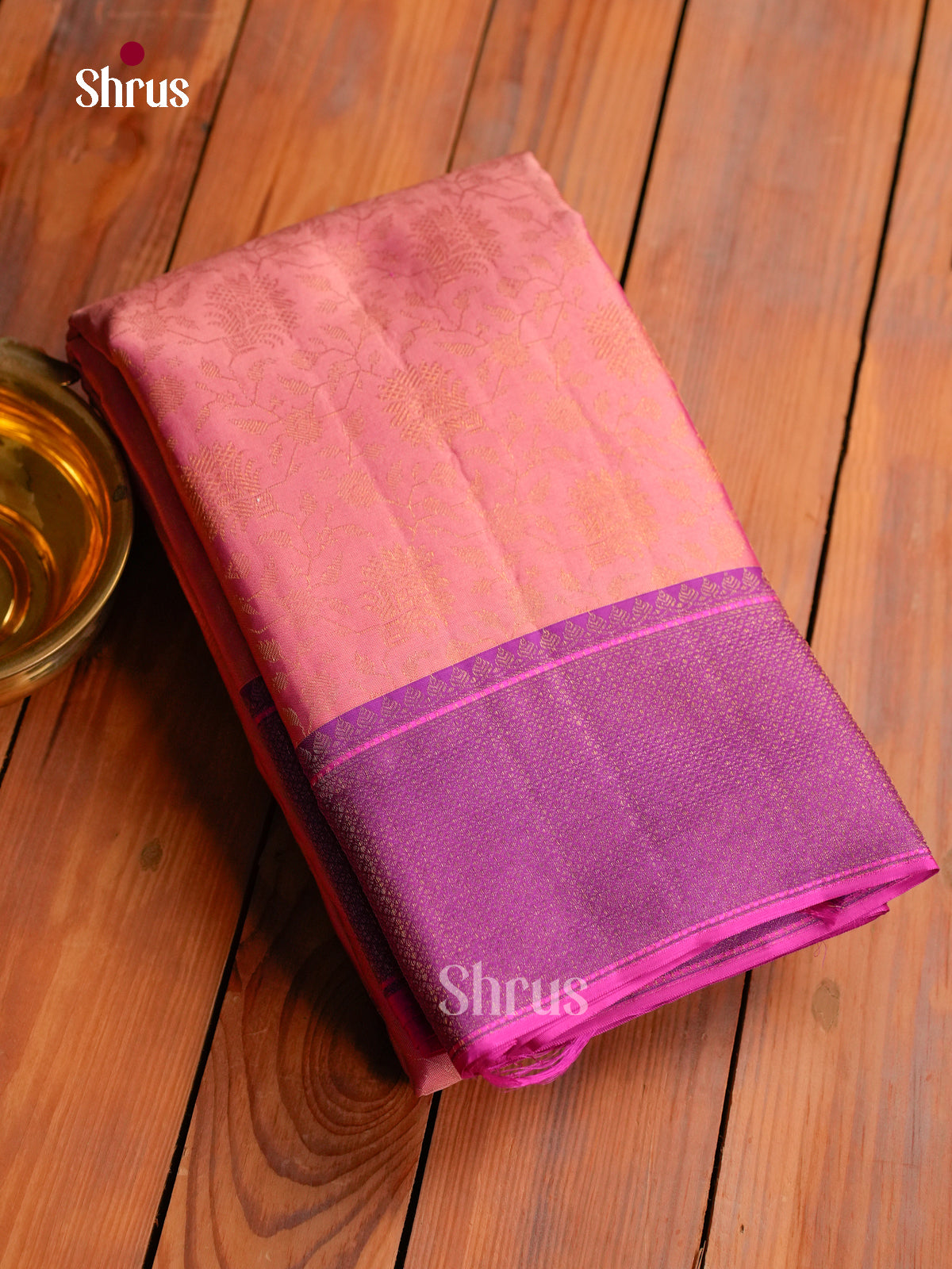 Lustrous Baby Pink Kanchipuram Silk Saree With Floral Jacquard Pattern | Purple Dense Zari Woven Border