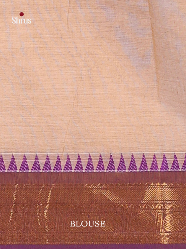 Lustrous Beige Chettinad Cotton Sarees With Gold Buttas & Violet Temple Zari Border
