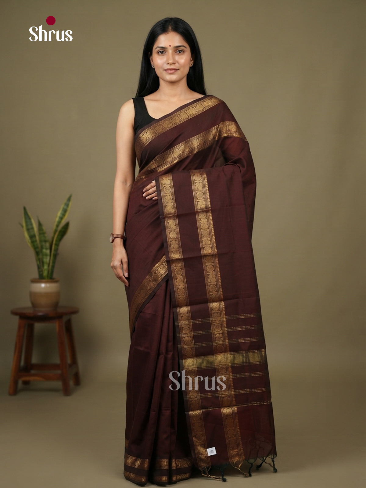 Lustrous Dark Brown Chettinad Cotton Saree With Solid Body, Rettapet Zari Border & Chit Pallu