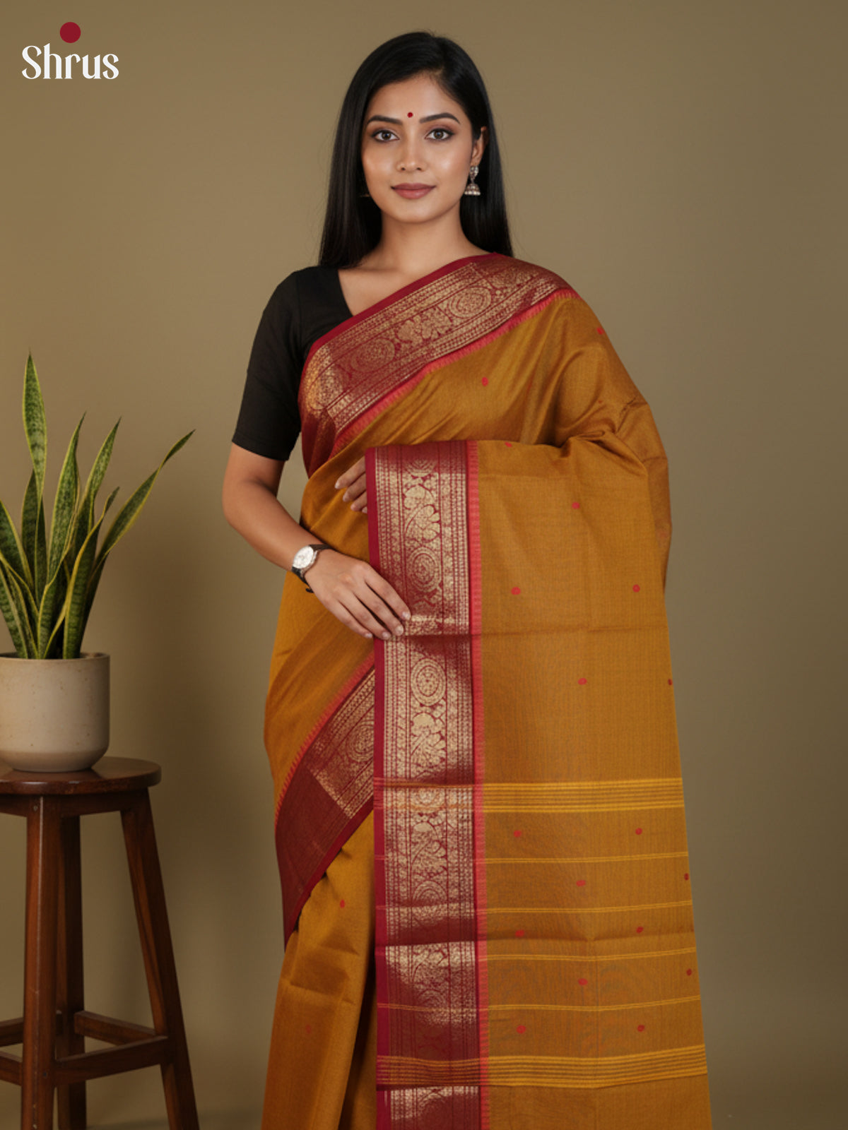 Lustrous Dark Mustard Chettinad Cotton Saree With Thread Buttas & Maroon Temple Zari Border